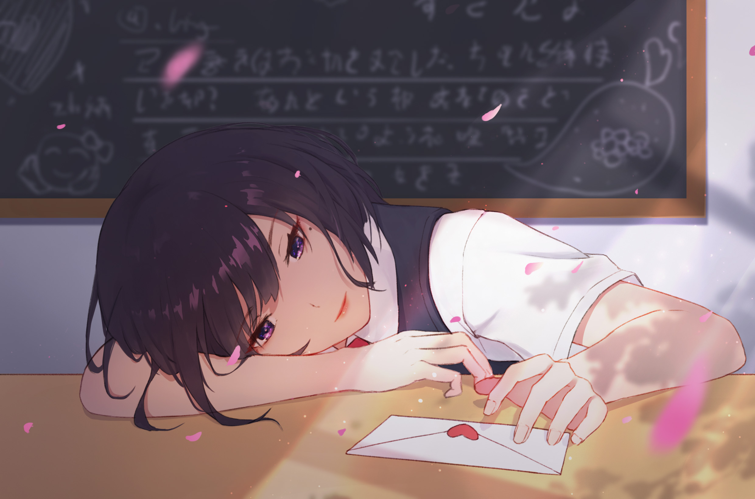 Anime Anime Girls Letter Petals Purple Eyes Dark Hair Short Hair Table Light Effects Sunlight Classr 2480x1640