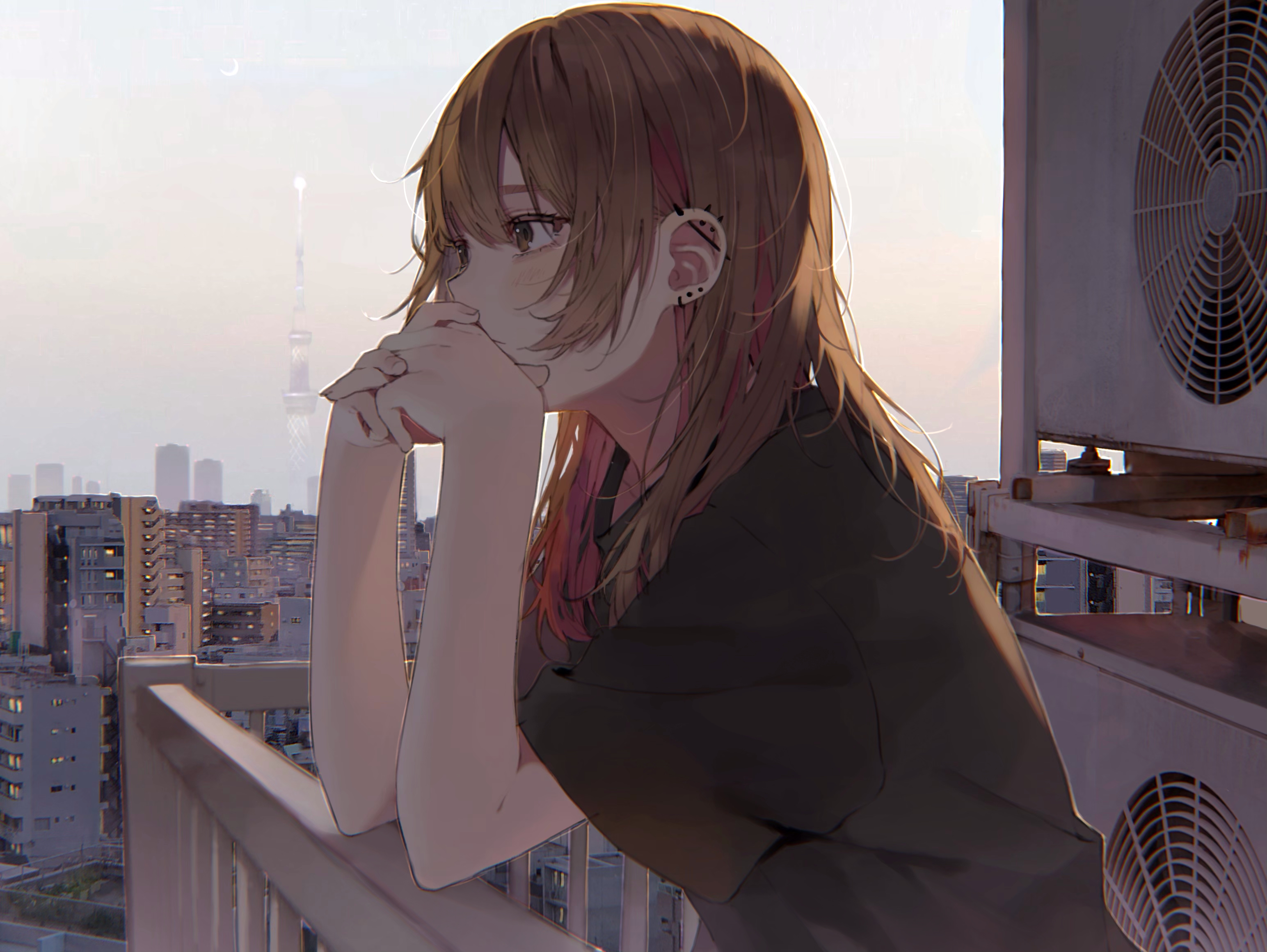 Anime Anime Girls Balcony Air Conditioning Sunset Piercing Skyline Original Characters Brunette Dyed 3088x2320