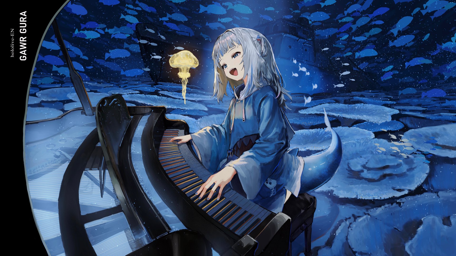 Anime Anime Girls Musical Instrument Tail Virtual Youtuber Open Mouth Painted Nails Blue Nails Blue  1920x1080