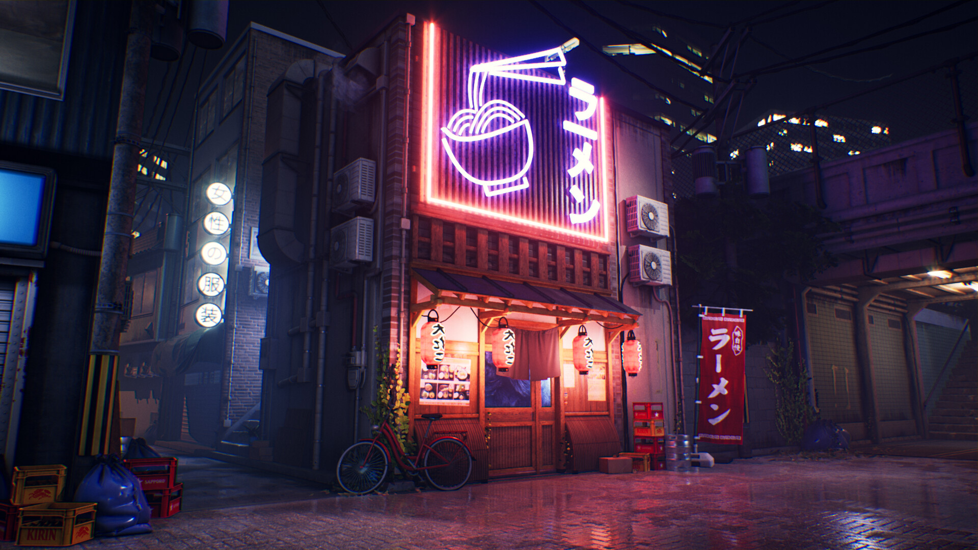 Cafe Japan Neon Glowing Bicycle Store Front Building City Street 1920x1080