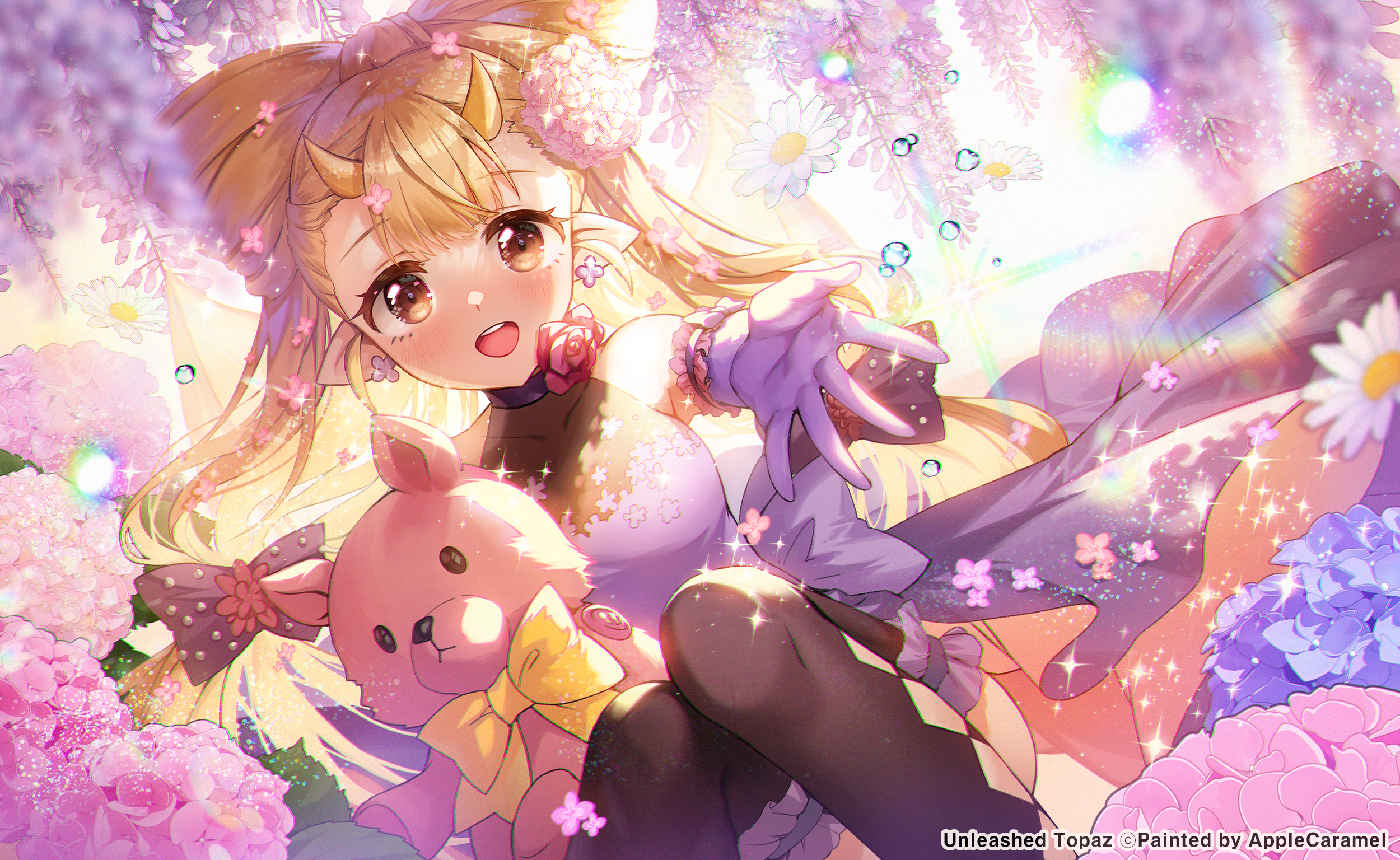 Anime Anime Girls Apple A Caramel Artwork Horns Pointy Ears Blonde Brown Eyes 2500x1536