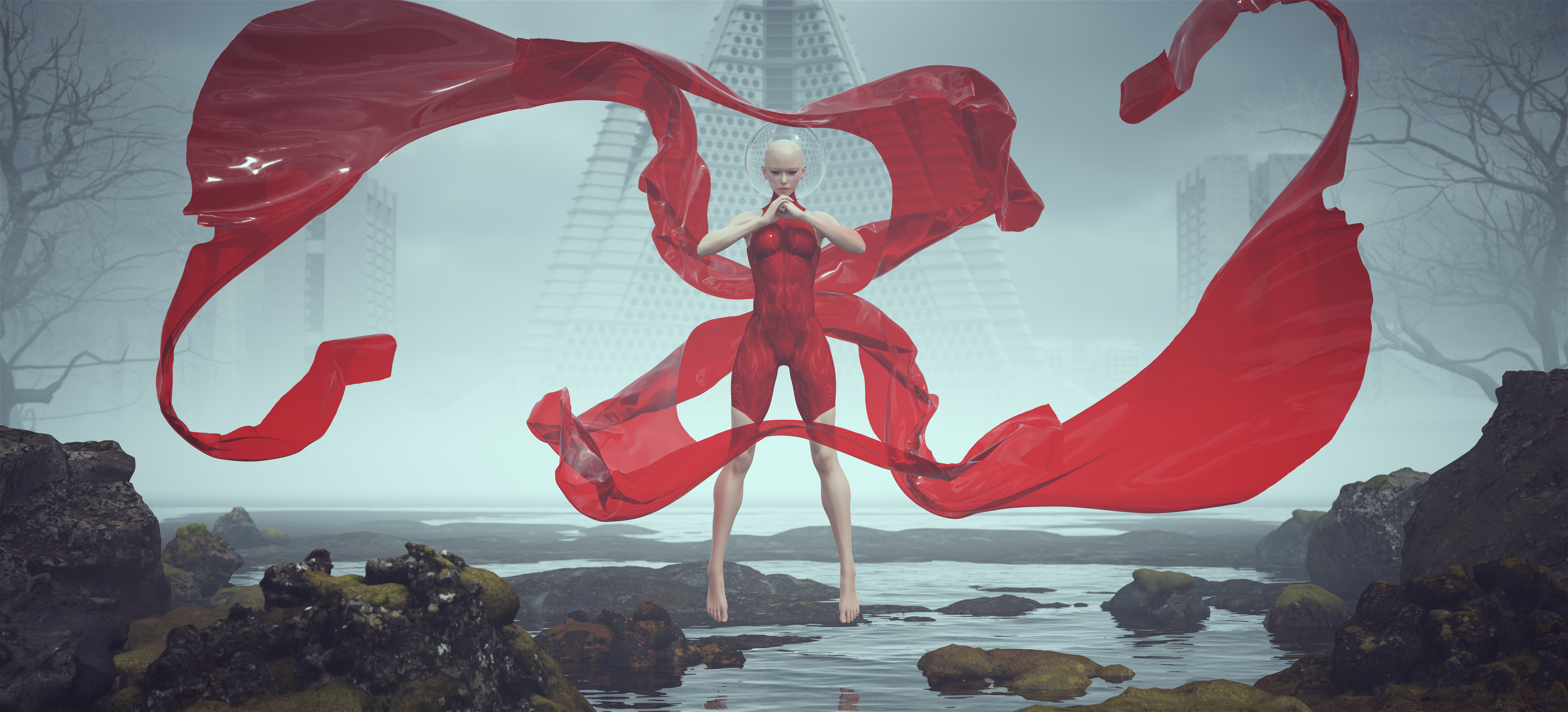 3D Artwork Mist Women Red Clothing Landscape Futuristic River Water Science Fiction City Render Floa 10000x4545