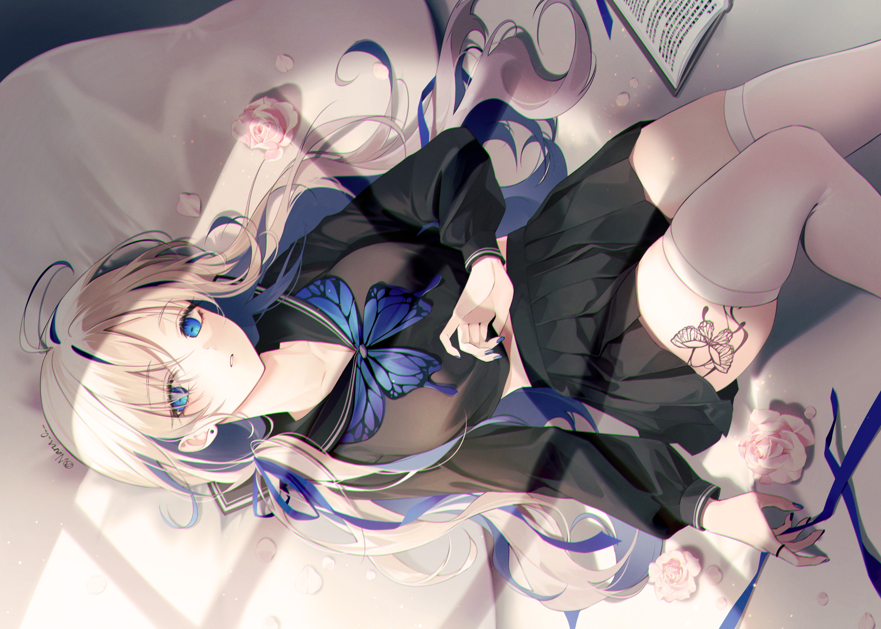 Lie White Bed Sheets Bed Black Outfits Skirt White Hair Blue Eyes Long Hair Butterfly Legs 3000x2143