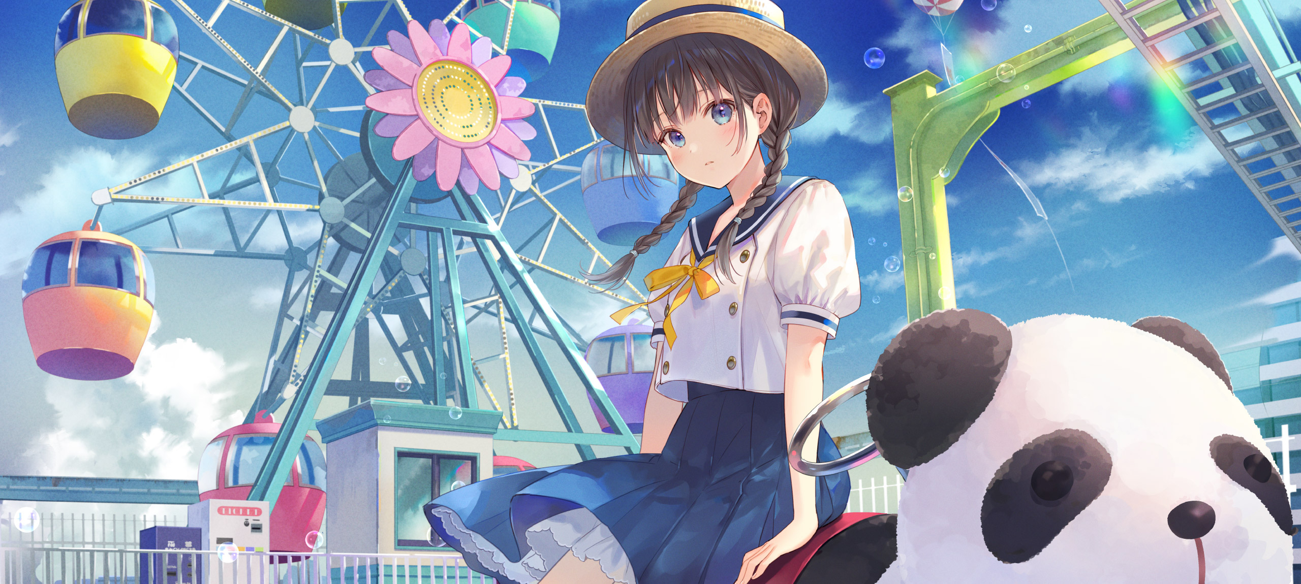 Anime Anime Girls Original Characters Artwork Fukahire Sanba Cropped Theme Parks School Uniform Hat  2560x1150