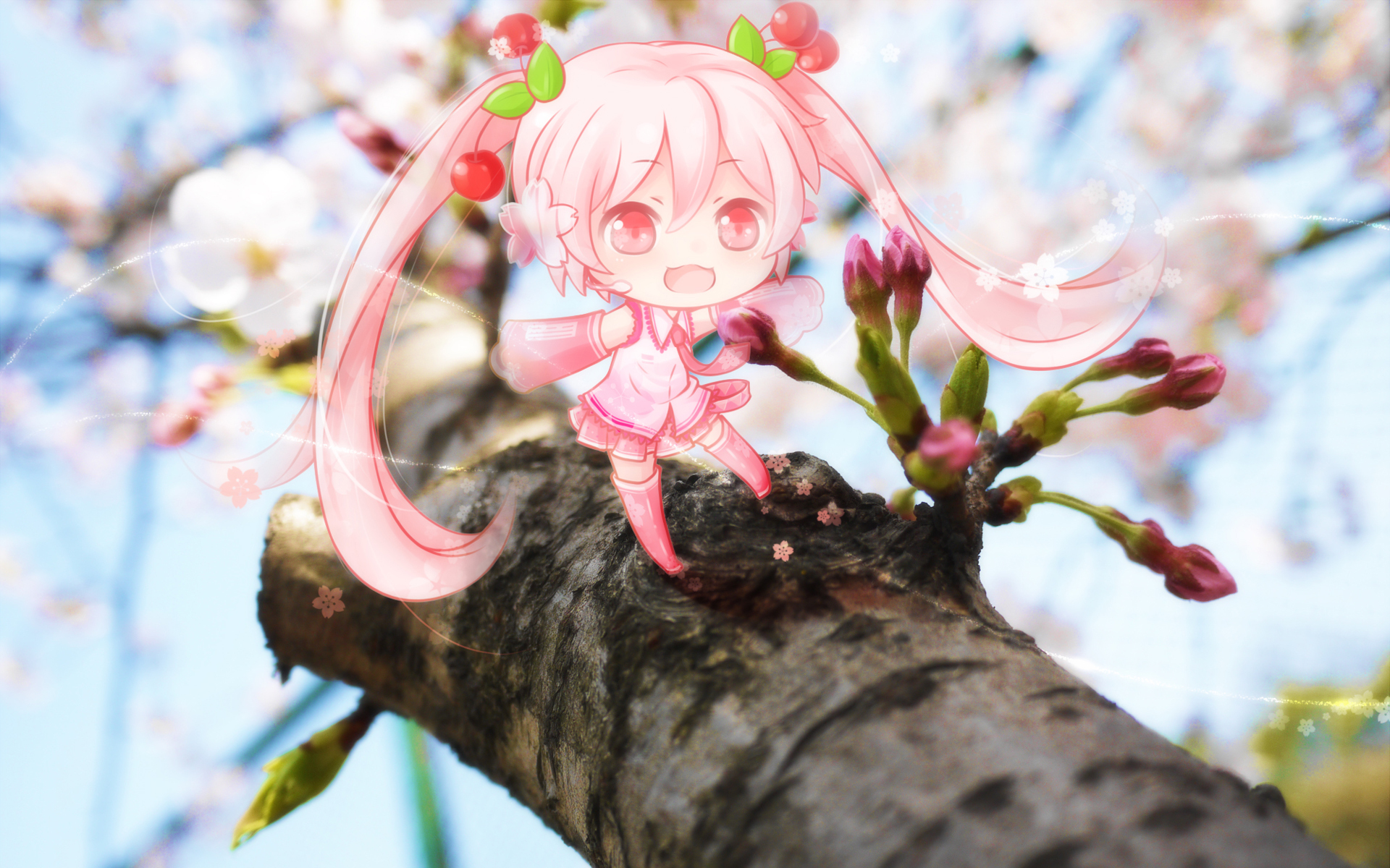 Vocaloid Sakura Miku Anime Anime Girls Flowers Plants Wood Pink Hair Long Hair 1920x1200