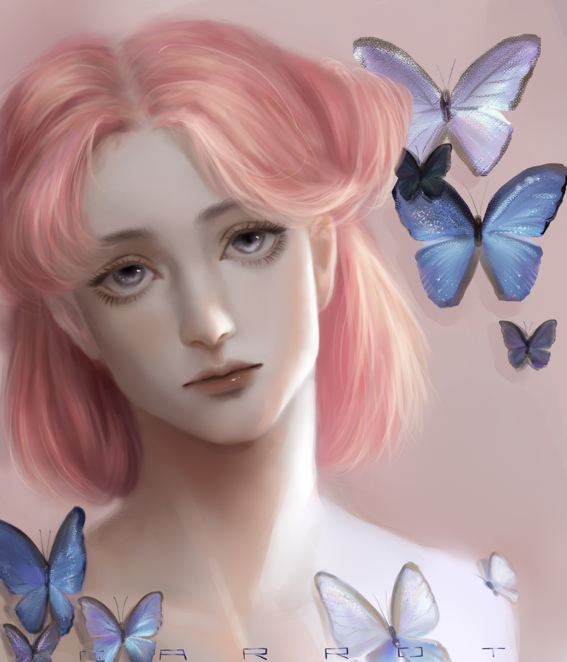 Fantasy Girl Pink Hair Butterfly Looking At Viewer Digital Art 1149x1340