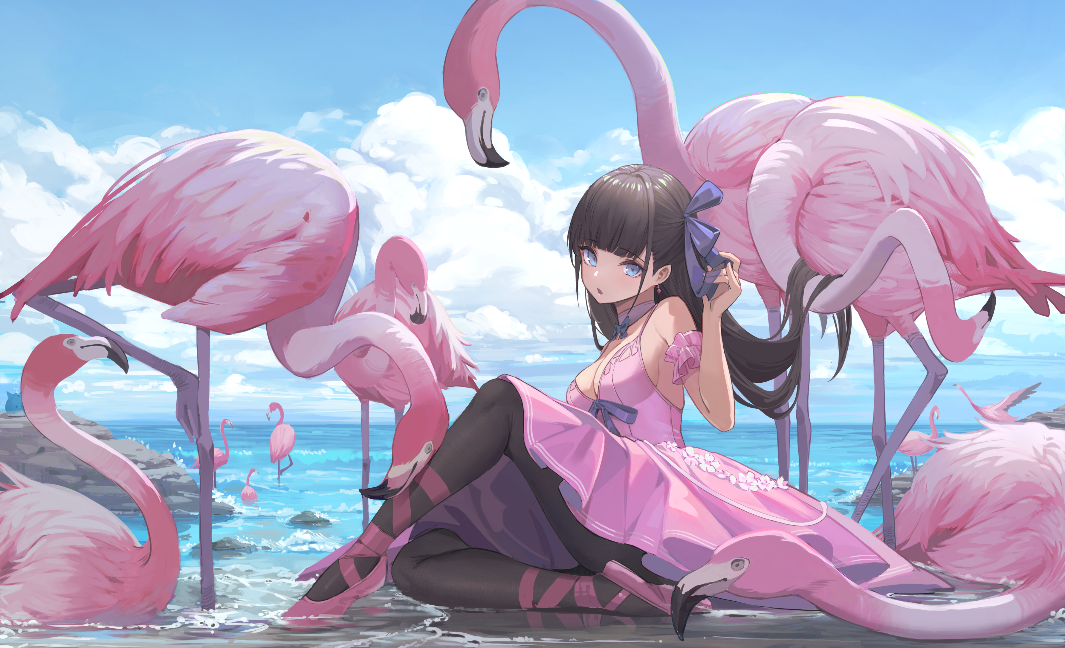 Nekojira Flamingo Anime Anime Girls Sitting Dress Dark Hair Long Hair Bangs Water 3563x2167