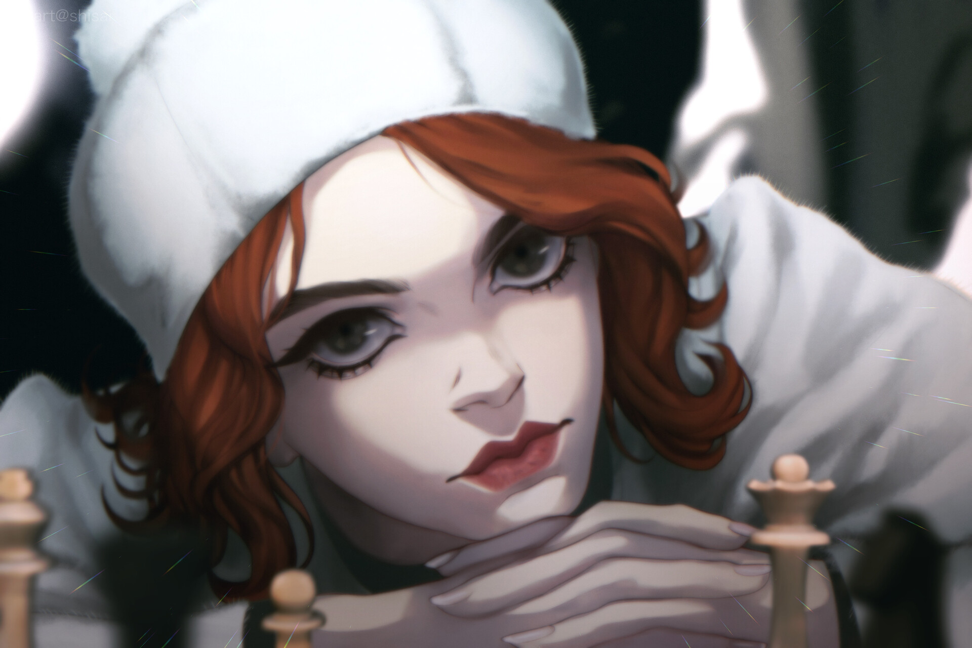 Yaroslava Artist Chess Looking At Viewer Women White Hat Short Hair Redhead Digital Art Fan Art Beth 1920x1280