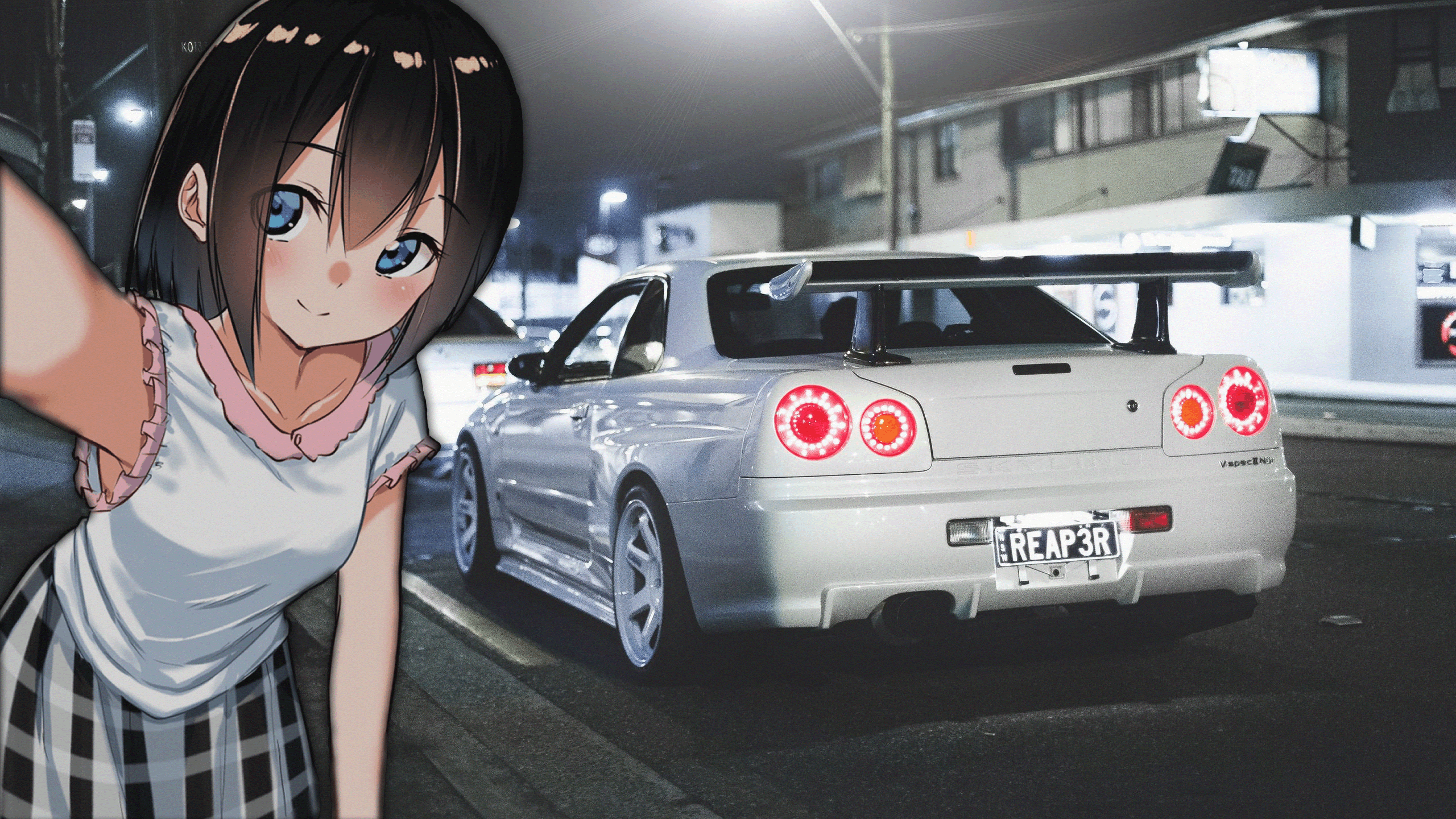 GTR R34 JDM Anime Girls Selfies Car Picture In Picture Vehicle Anime Blue Eyes Brunette White Cars S 2560x1440