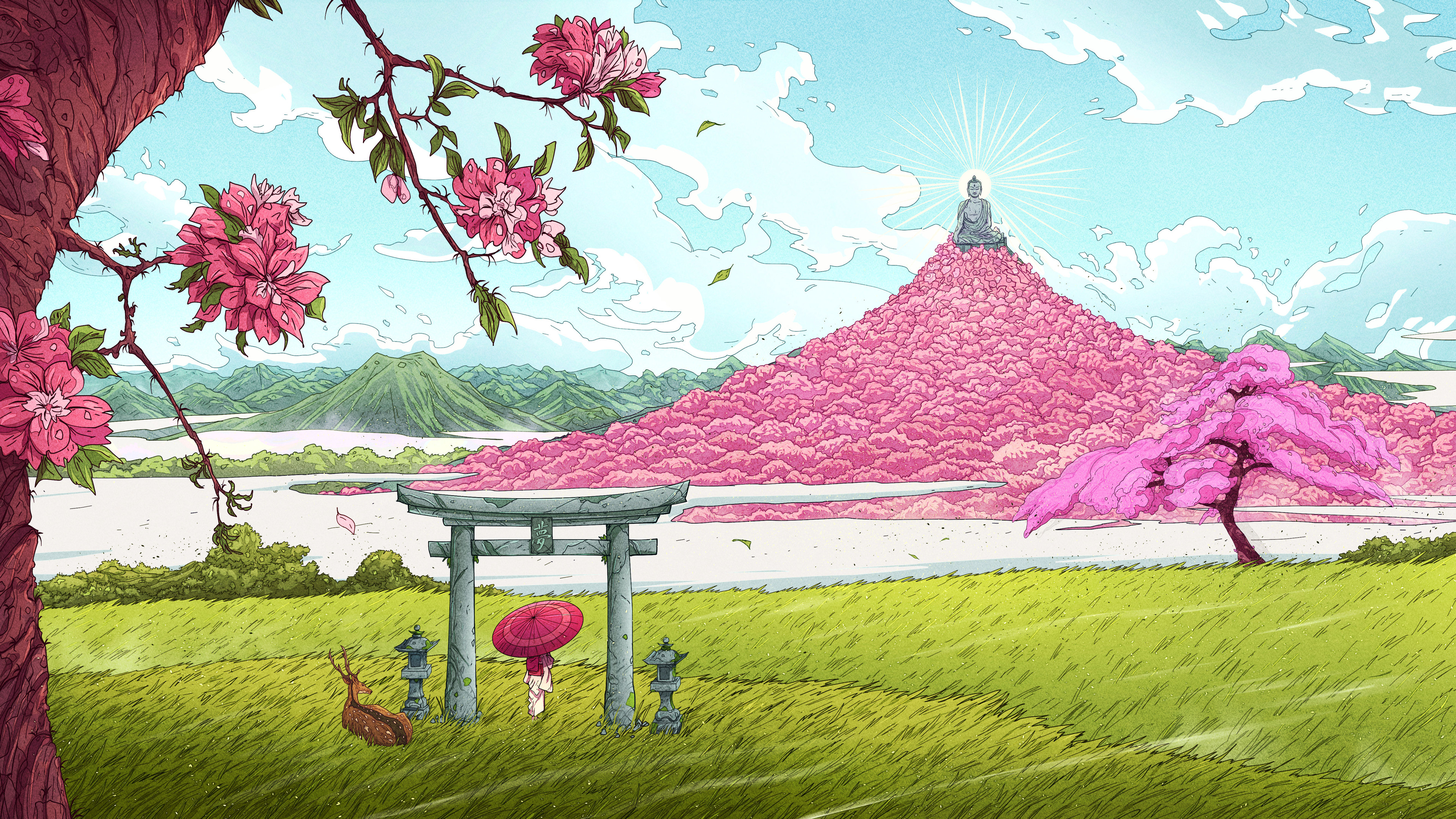 Christian Benavides Digital Art Fantasy Art Buddha Shinto Arch Deer Mountains Pink Trees Flowers Clo 3840x2160