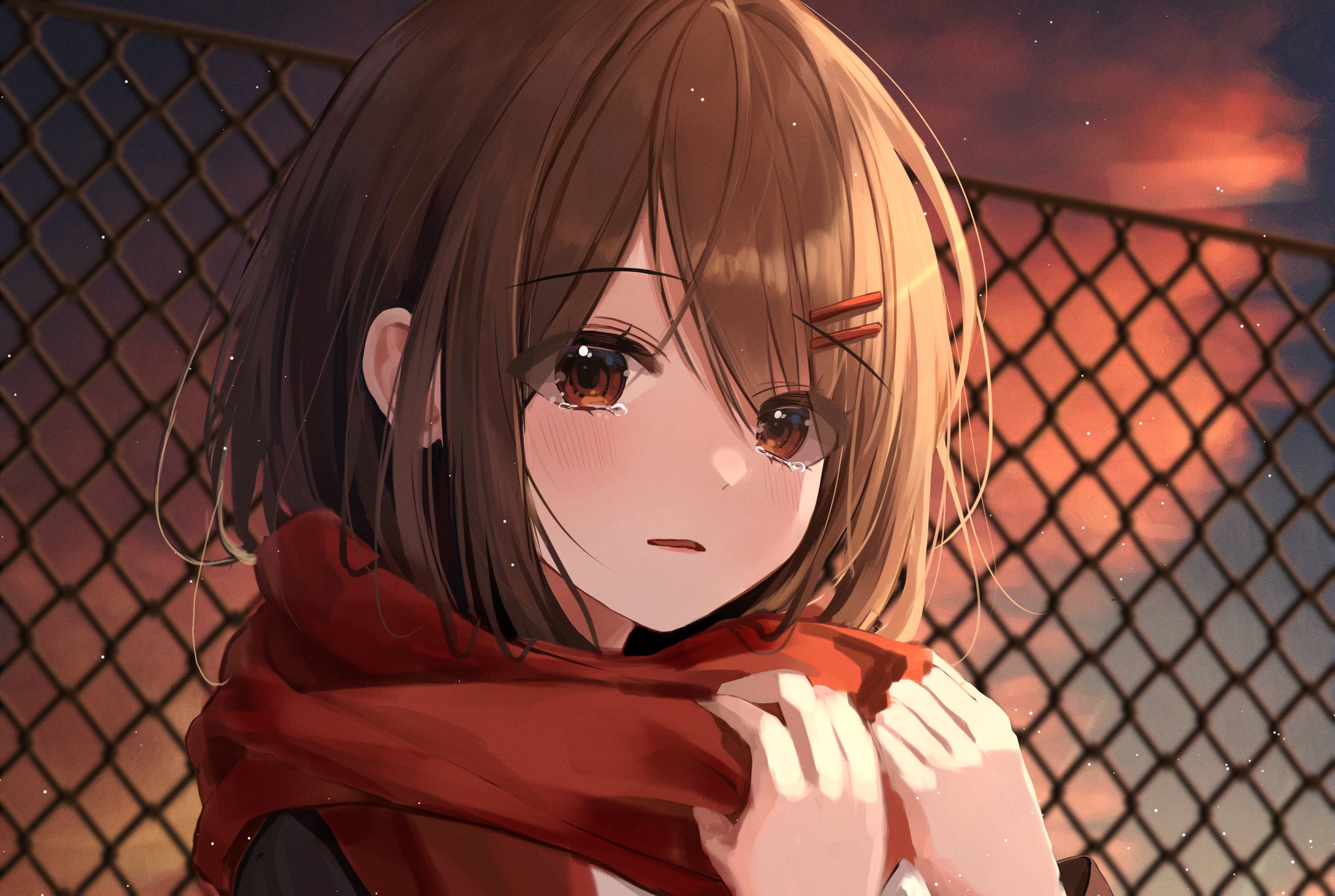 Anime Anime Girls Fence Brunette Sad Tears Crying Scarf Looking At Viewer Hazel  Eyes Shoulder Length Wallpaper  Resolution3000x2014  ID1256484   wallhacom