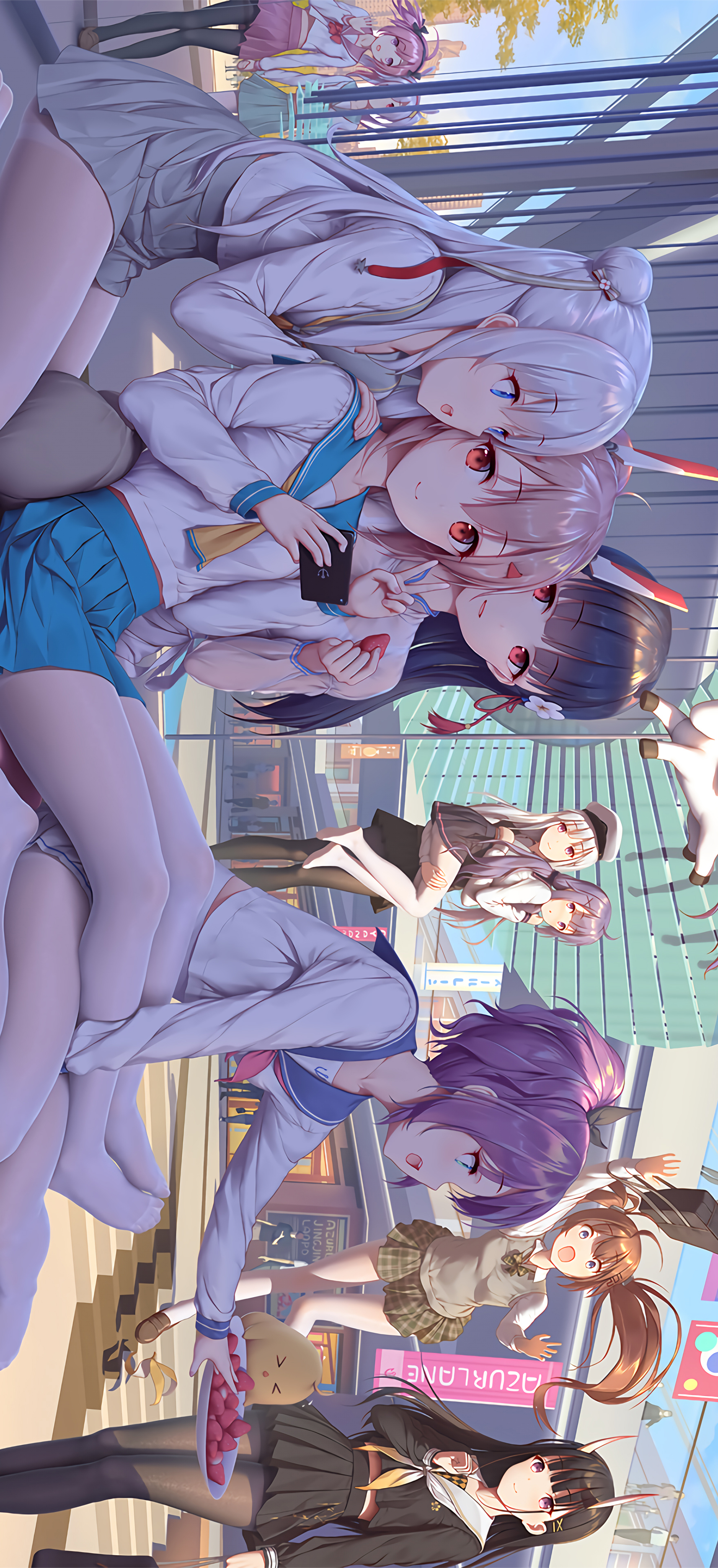 Anime Anime Girls Group Of Women Blue Eyes Red Eyes Hand Gesture Long Hair Looking At Viewer Legs Sk 1876x4095