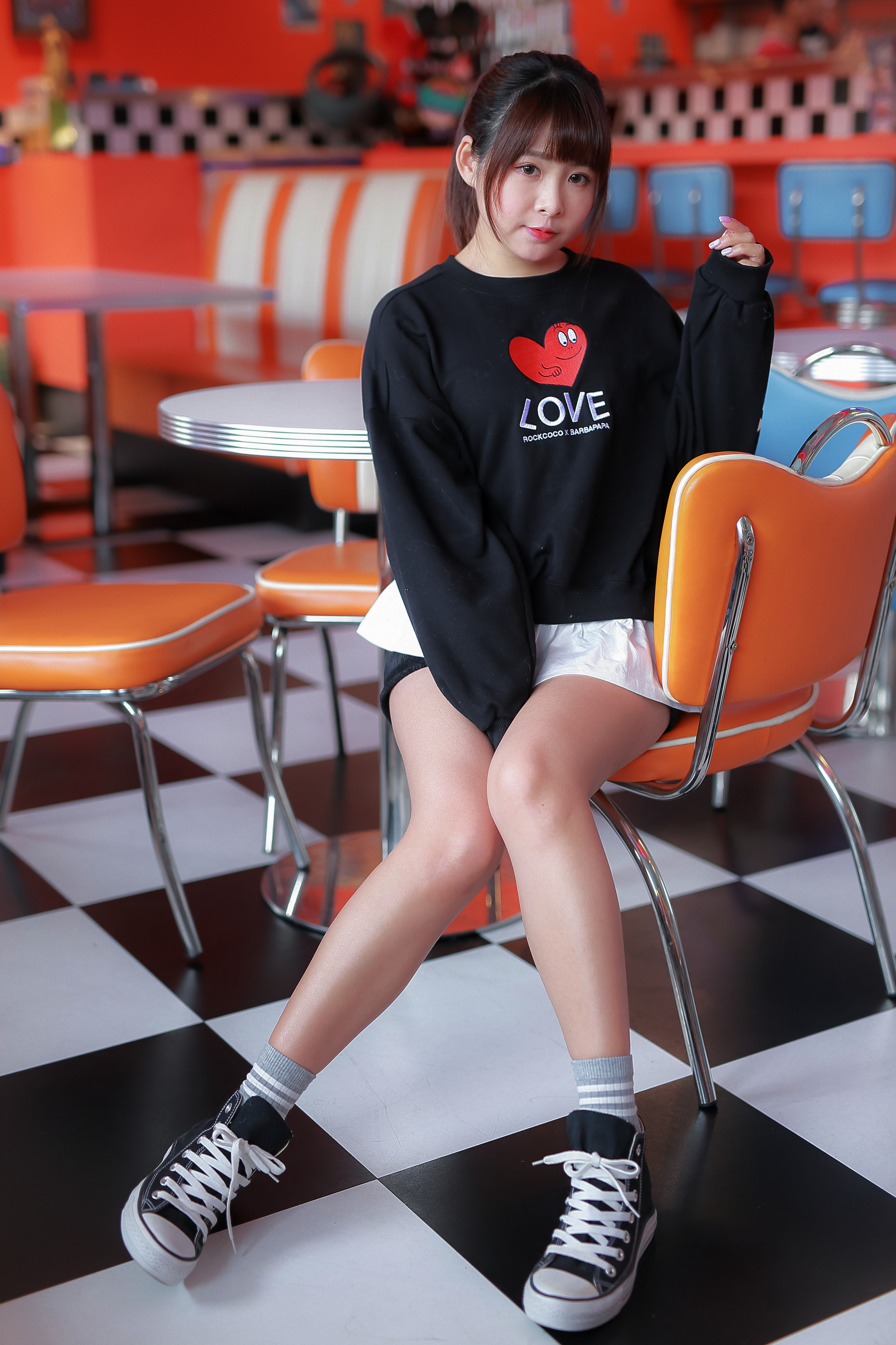 Asian Model Women Long Hair Brunette Diner Chair Table Bench Sneakers Pullover Short Socks White Shi 2560x3840
