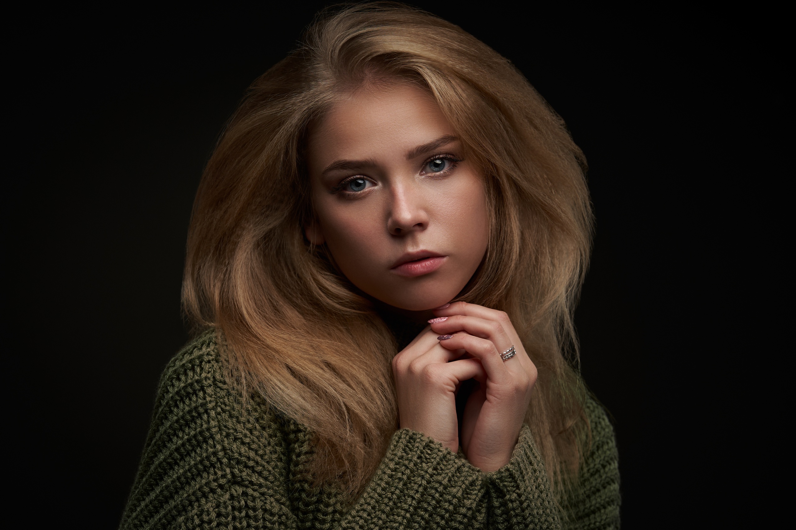 Sergey Gorshenin Women Yana Lyakhovskaya Blonde Long Hair Blue Eyes Portrait Rings Sweater Green Clo 2560x1706