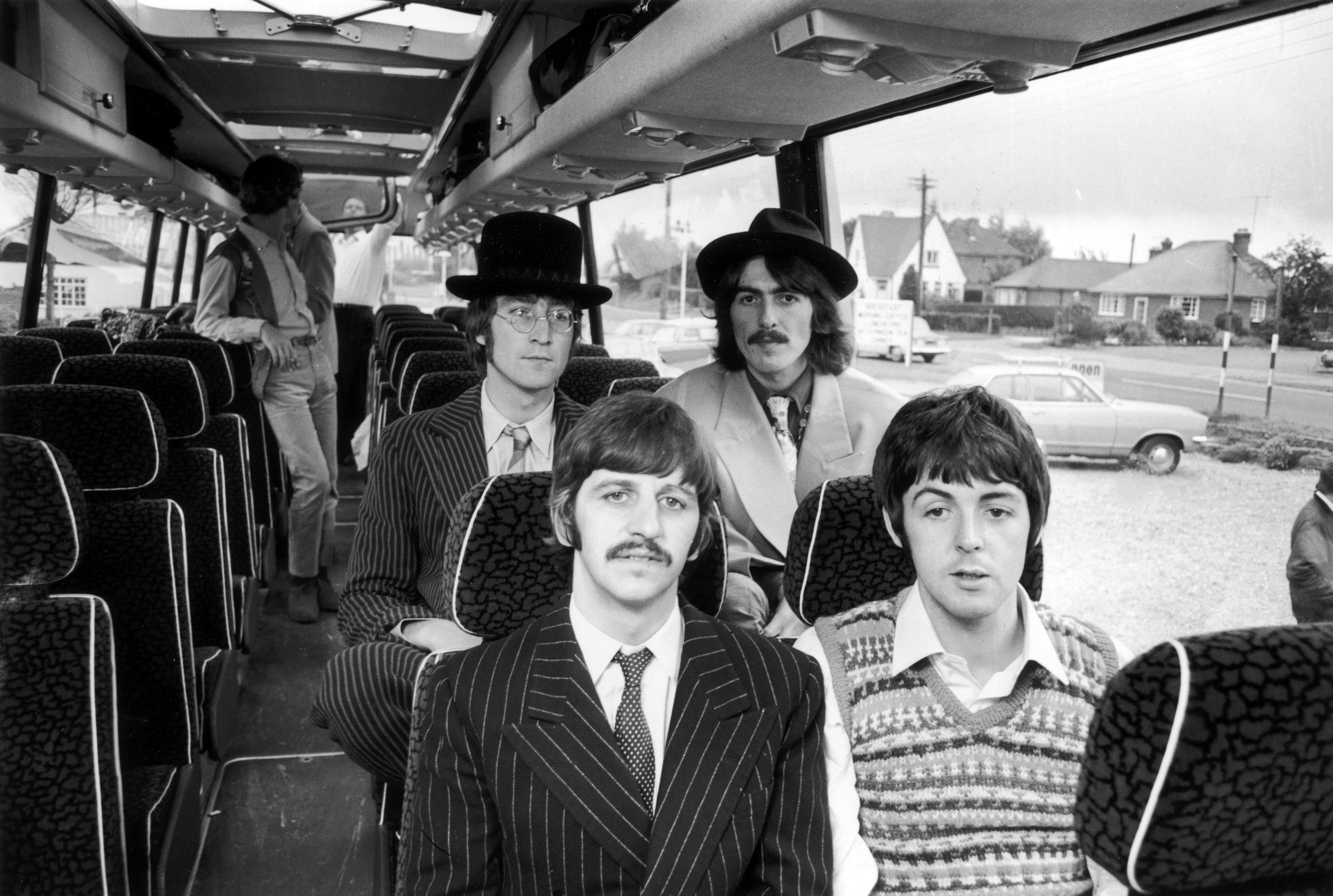 The Beatles John Lennon Paul McCartney Ringo Starr George Harrison Buses Monochrome Band 4657x3131