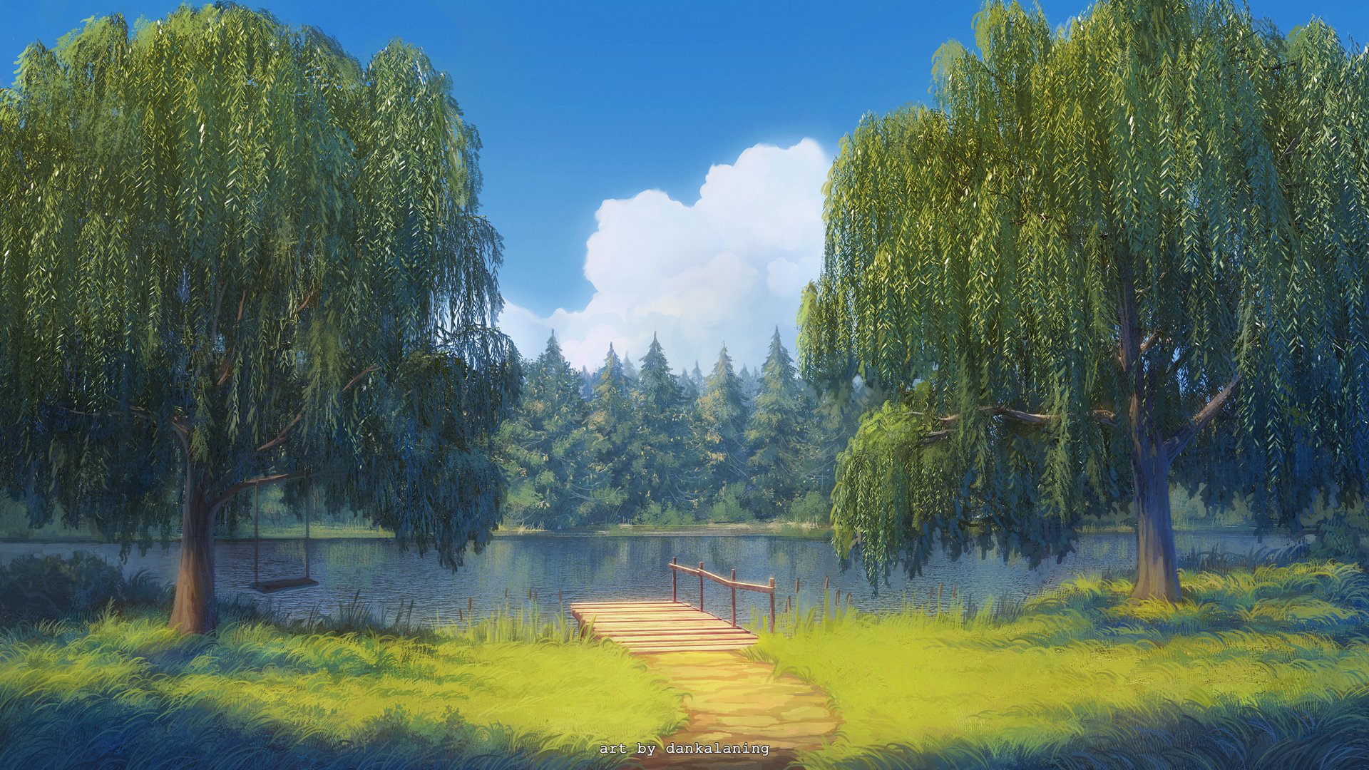 Landscape Anime Nature Trees Water Pier Outdoors Swings 1920x1080