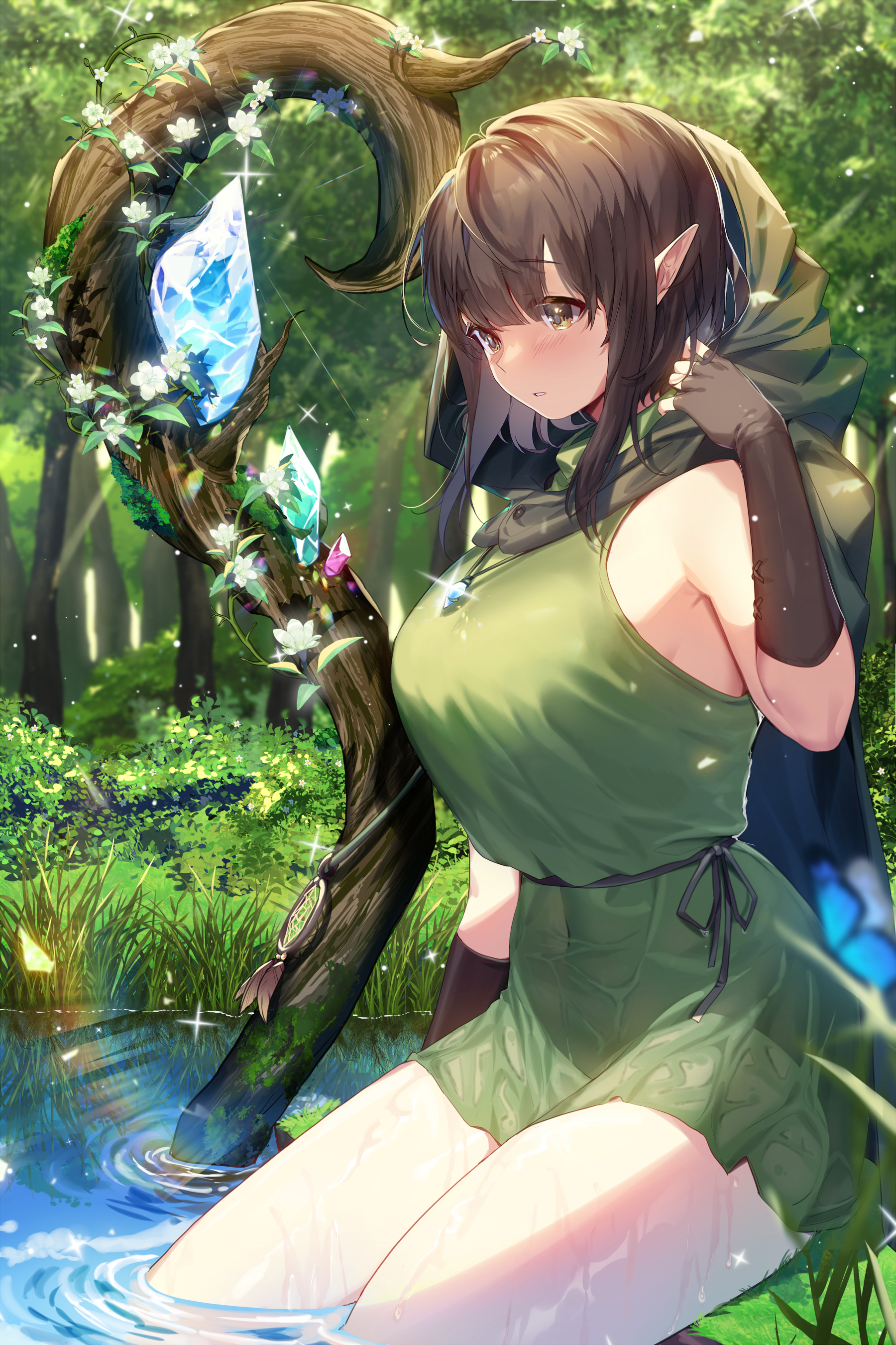 Anime Anime Girls Original Characters Elves Fantasy Girl Hoods Dress Forest Blushing 2D Artwork Draw 1800x2700