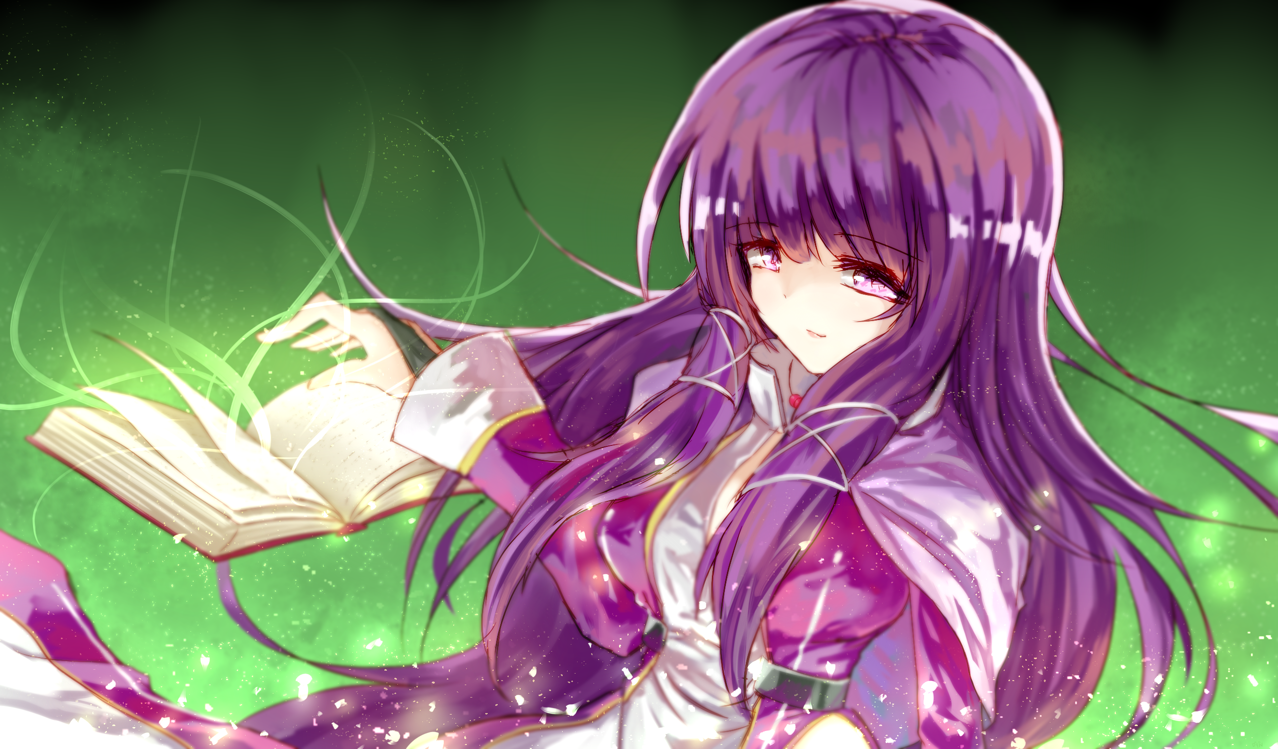 Touhou Ribbon Pixiv Purple Hair Green Background Books Long Hair Anime Girls Anime 2560x1500