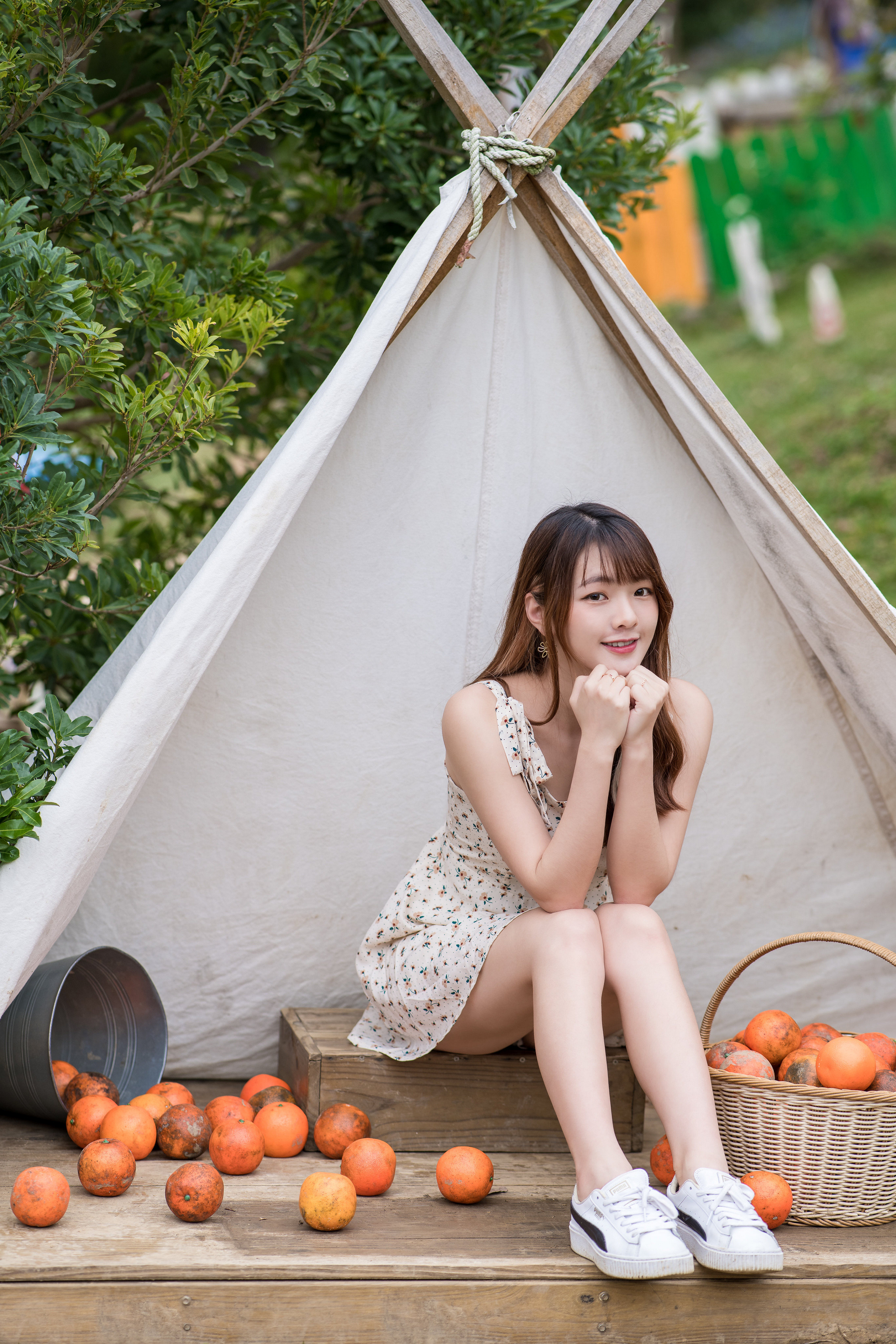 Asian Model Women Sitting Long Hair Brunette Tent Orange Fruit Bucket Baskets Flower Dress Sneakers  2560x3840