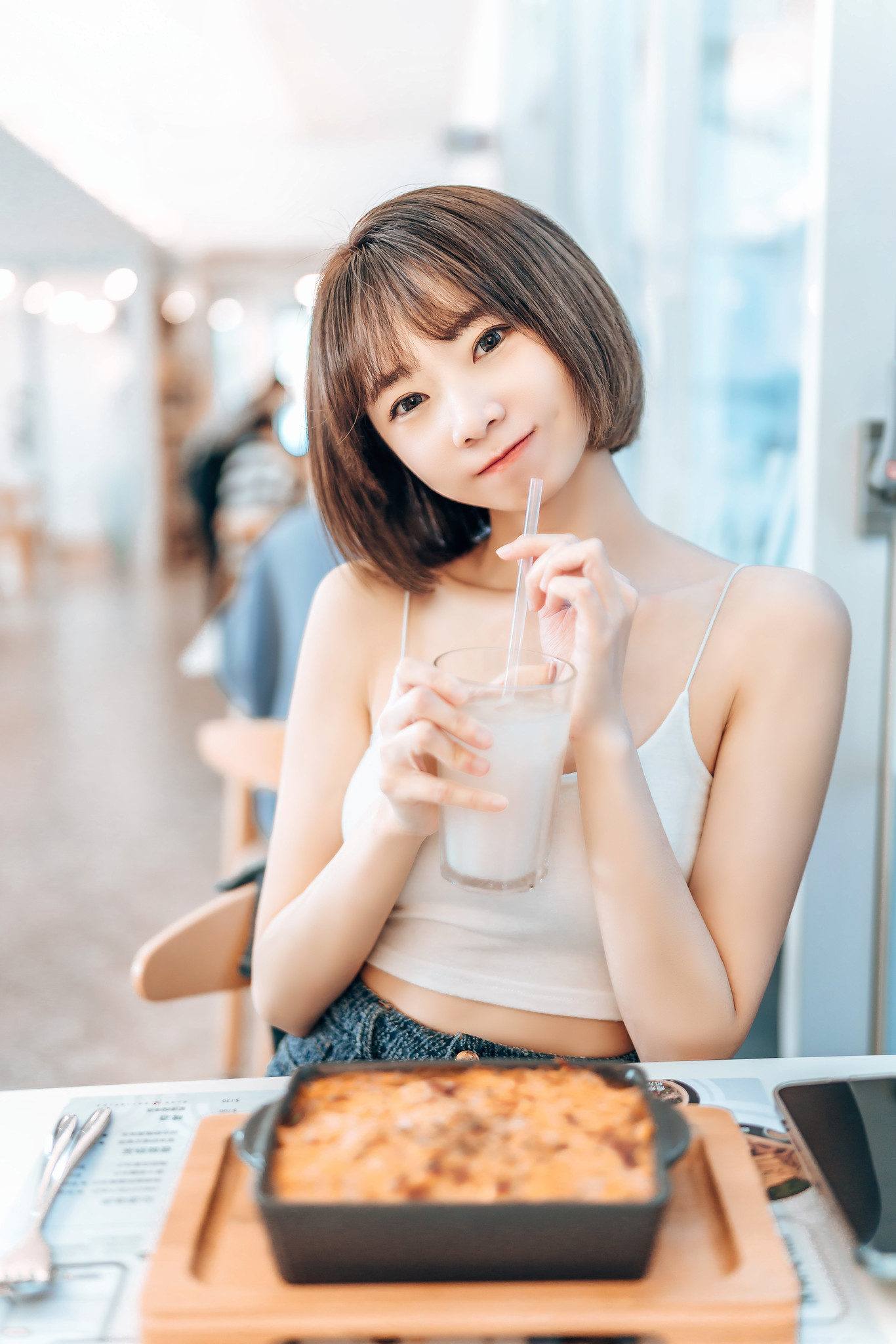 Asian Women Model Brunette Food Looking At Viewer Shake Sitting 1366x2048