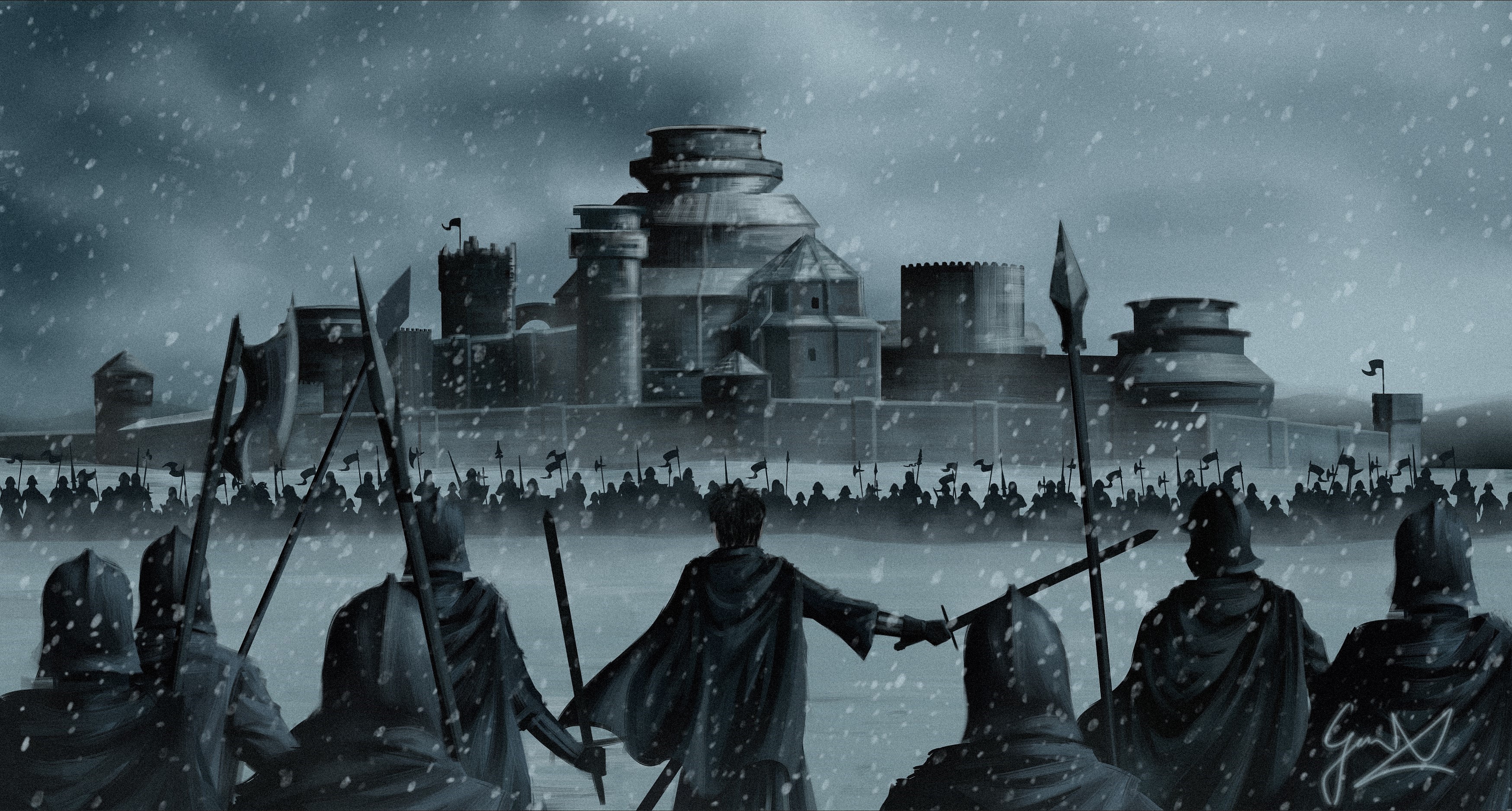 Battle Castle Snowfall Spear Sword Warrior 3496x1875