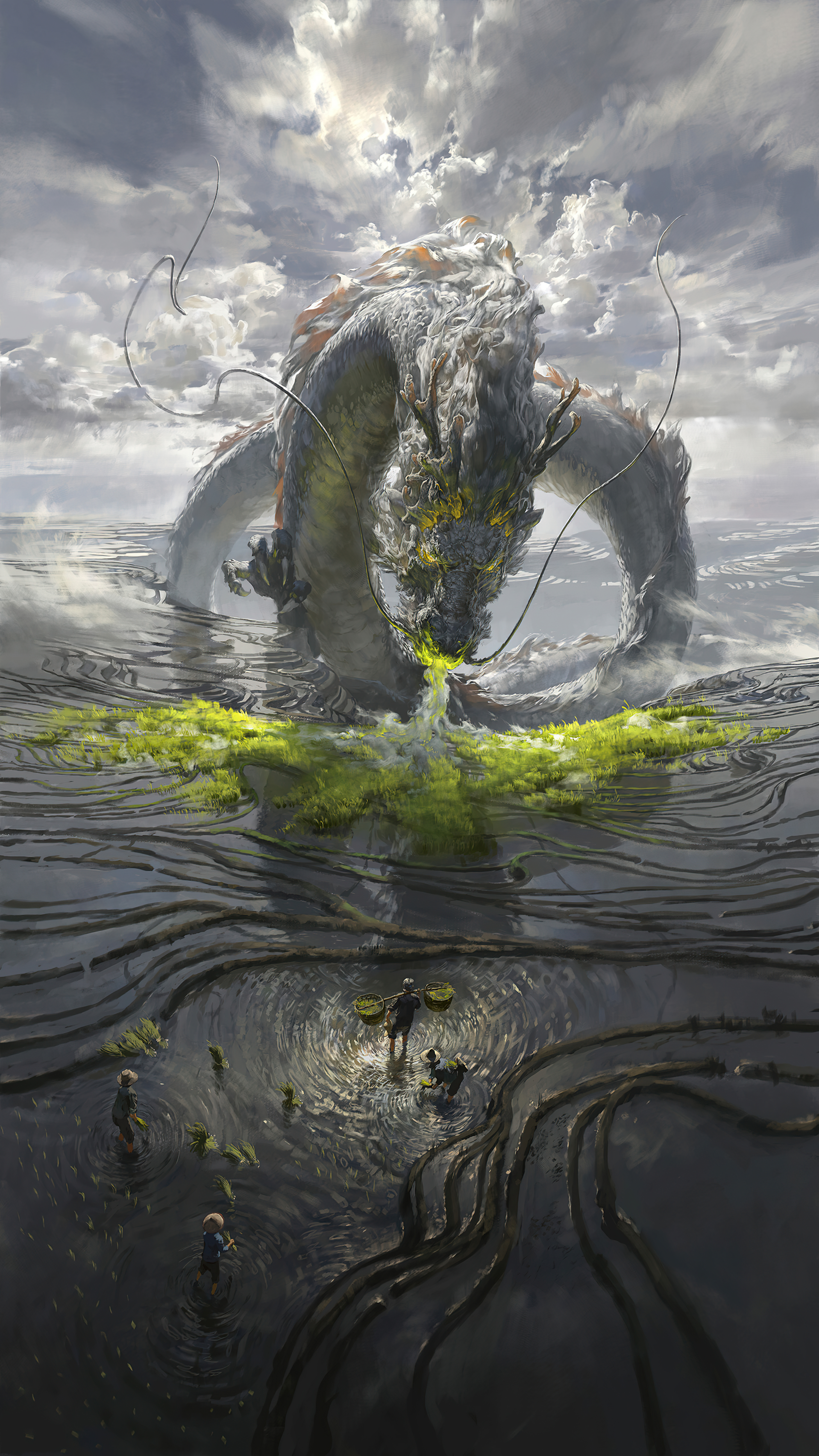 Chinese Dragon Chinese Brush Painting Loong Farm Farmers Rice Fields Rice Paddy Xision Artwork 2925x5200