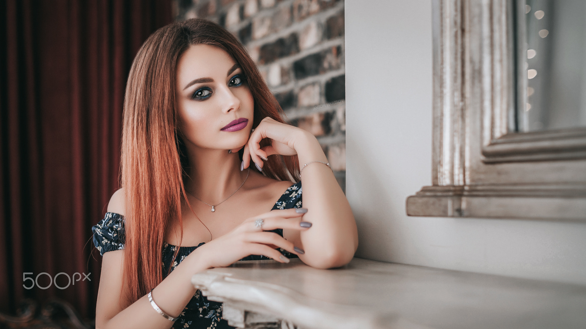 Anton Harisov Redhead Long Hair Straight Hair Makeup Looking At Viewer Eyeliner Curtains Women Lipst 2000x1125