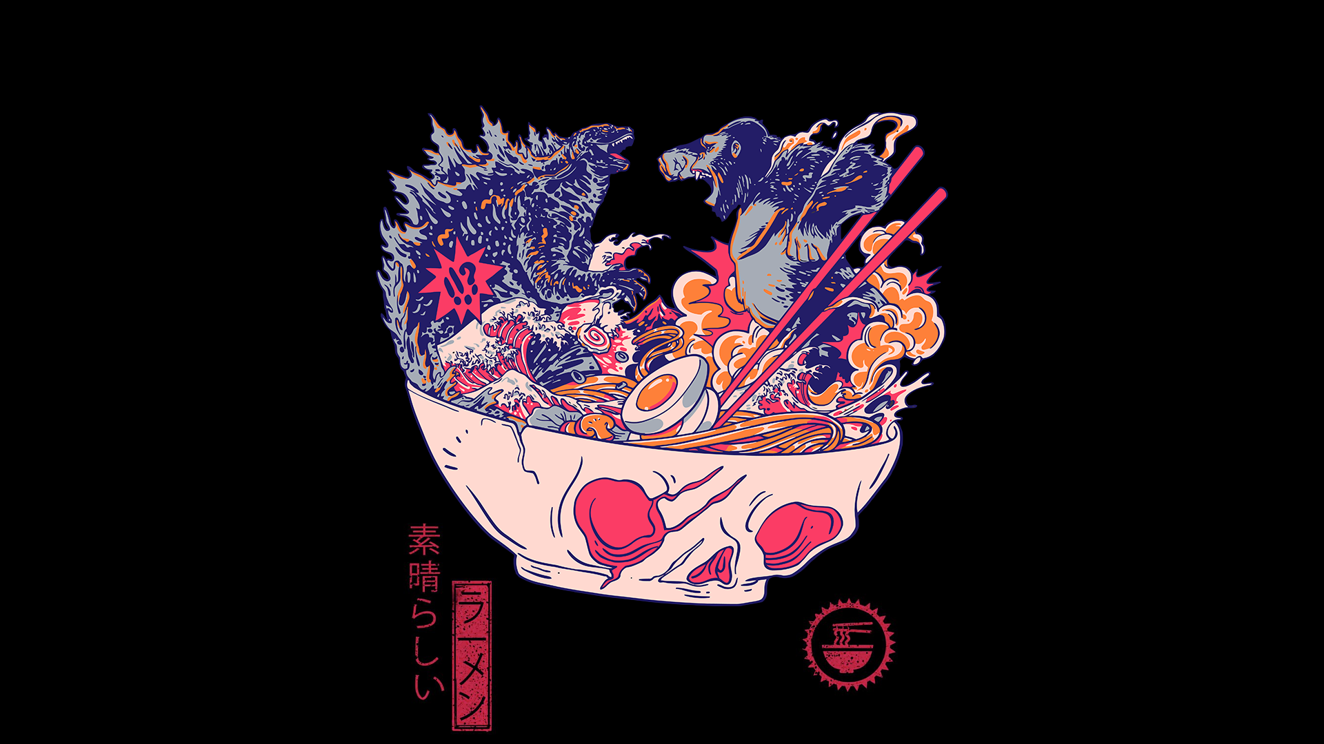 Digital Art Fantasy Art Godzilla King Kong Godzilla Vs Kong Ramen Eggs Waves Chopsticks Noodles Mush 1920x1080