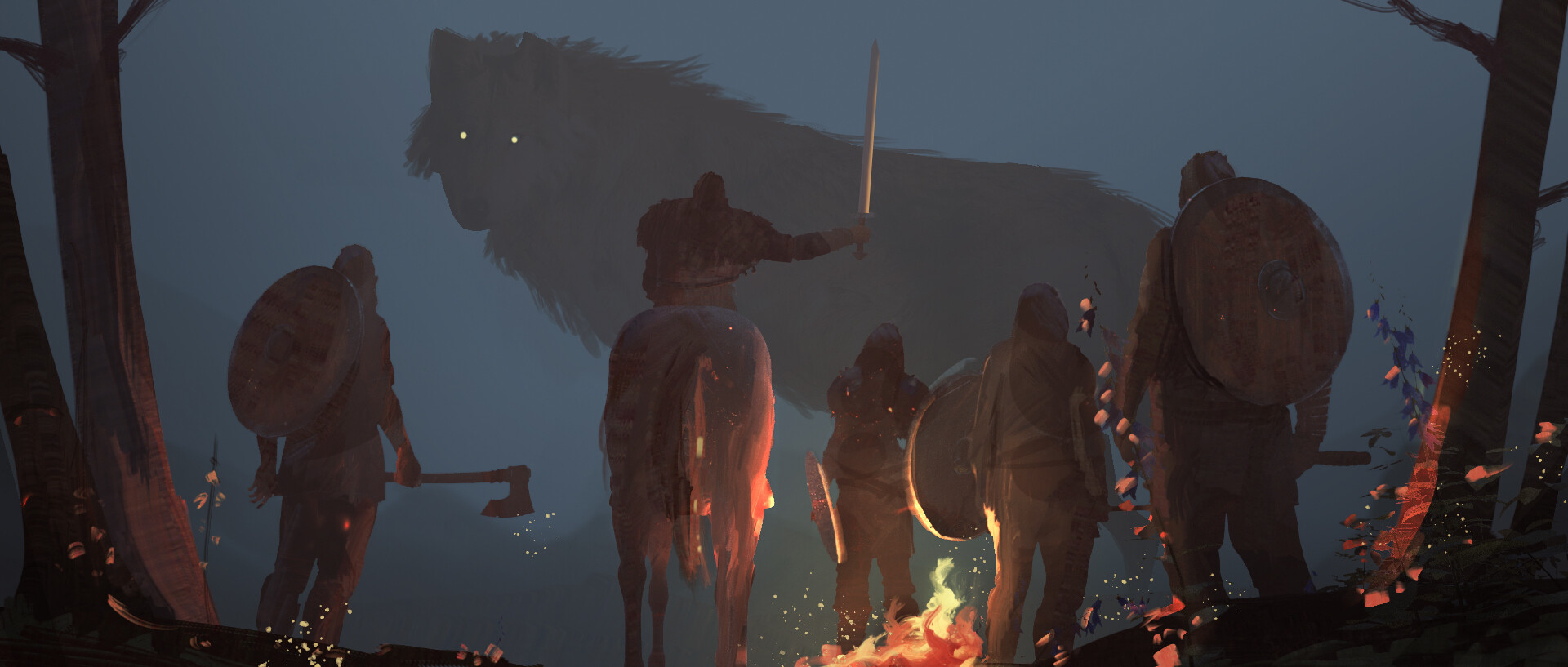 Chuy De Leon Wolf Warrior Horse Campfire Sword Shield 1920x817