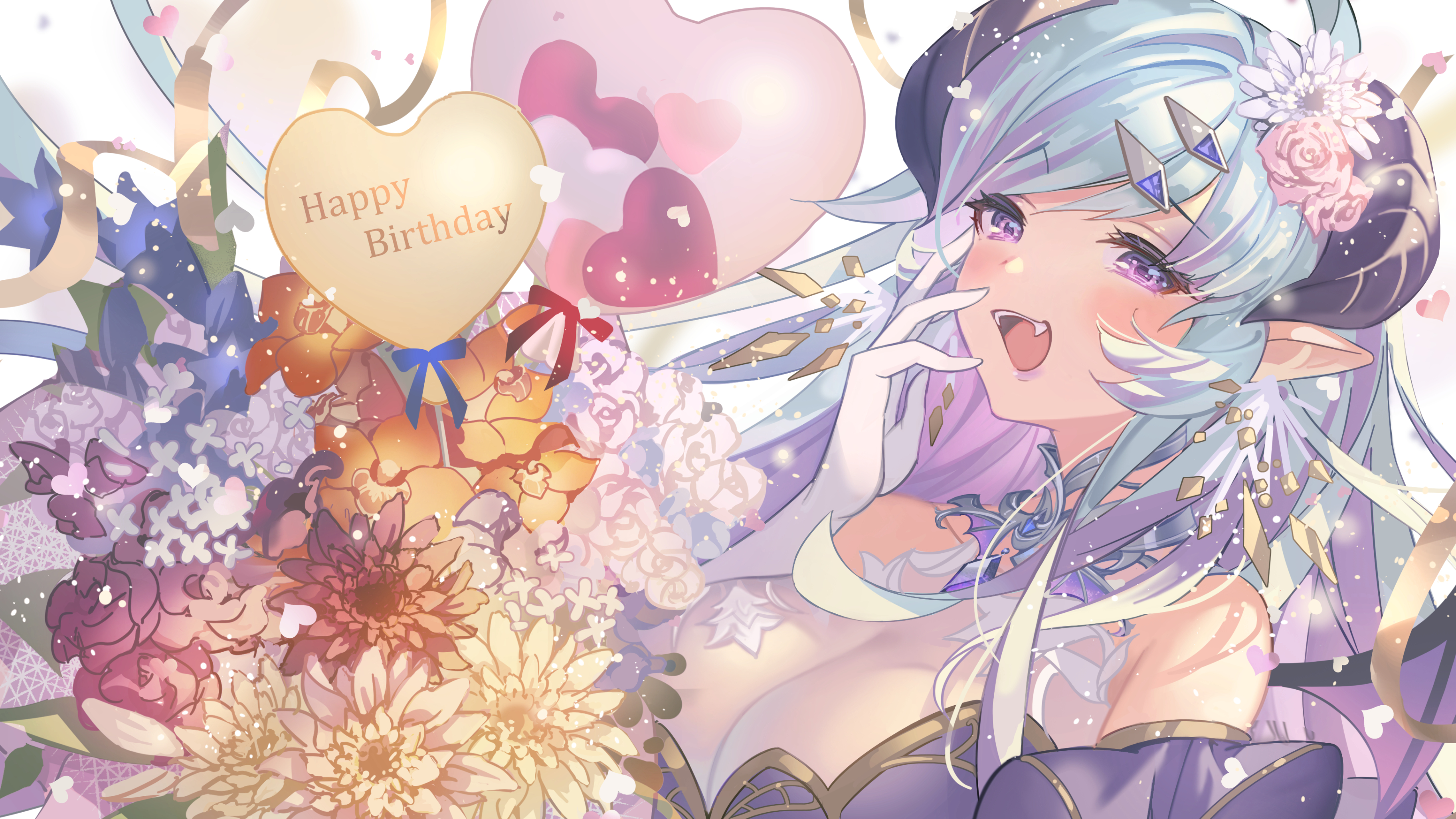 Anime Anime Girls Cyan Hair Open Mouth Happy Birthday Heart Design Flowers  Pointy Ears Fangs Horns P Wallpaper - Resolution:3648x2052 - ID:1247081 -  