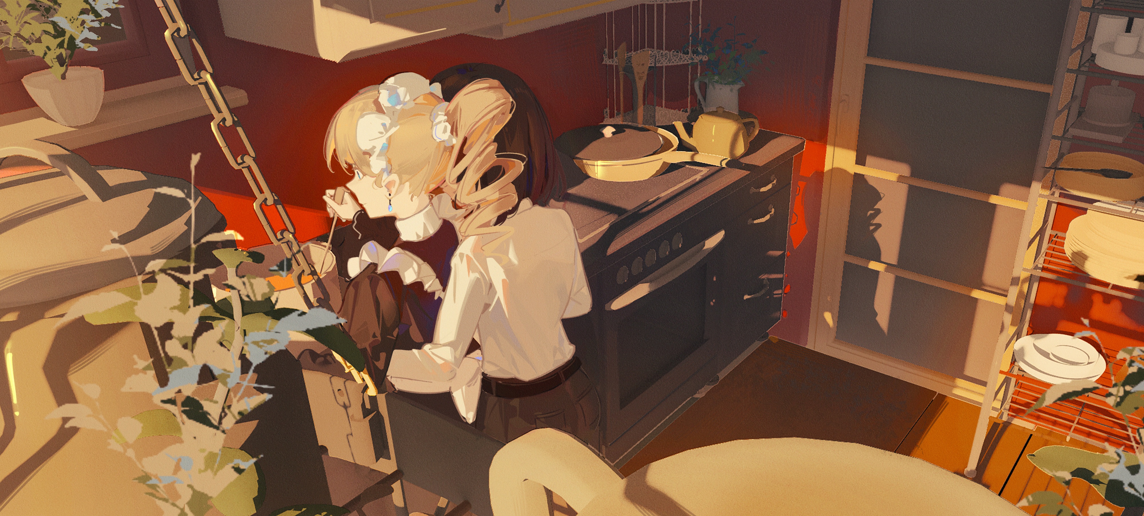 Anime Anime Girls Two Women Cooking Kitchen Blonde Women Indoors Pans Tool Oven 4000x1804