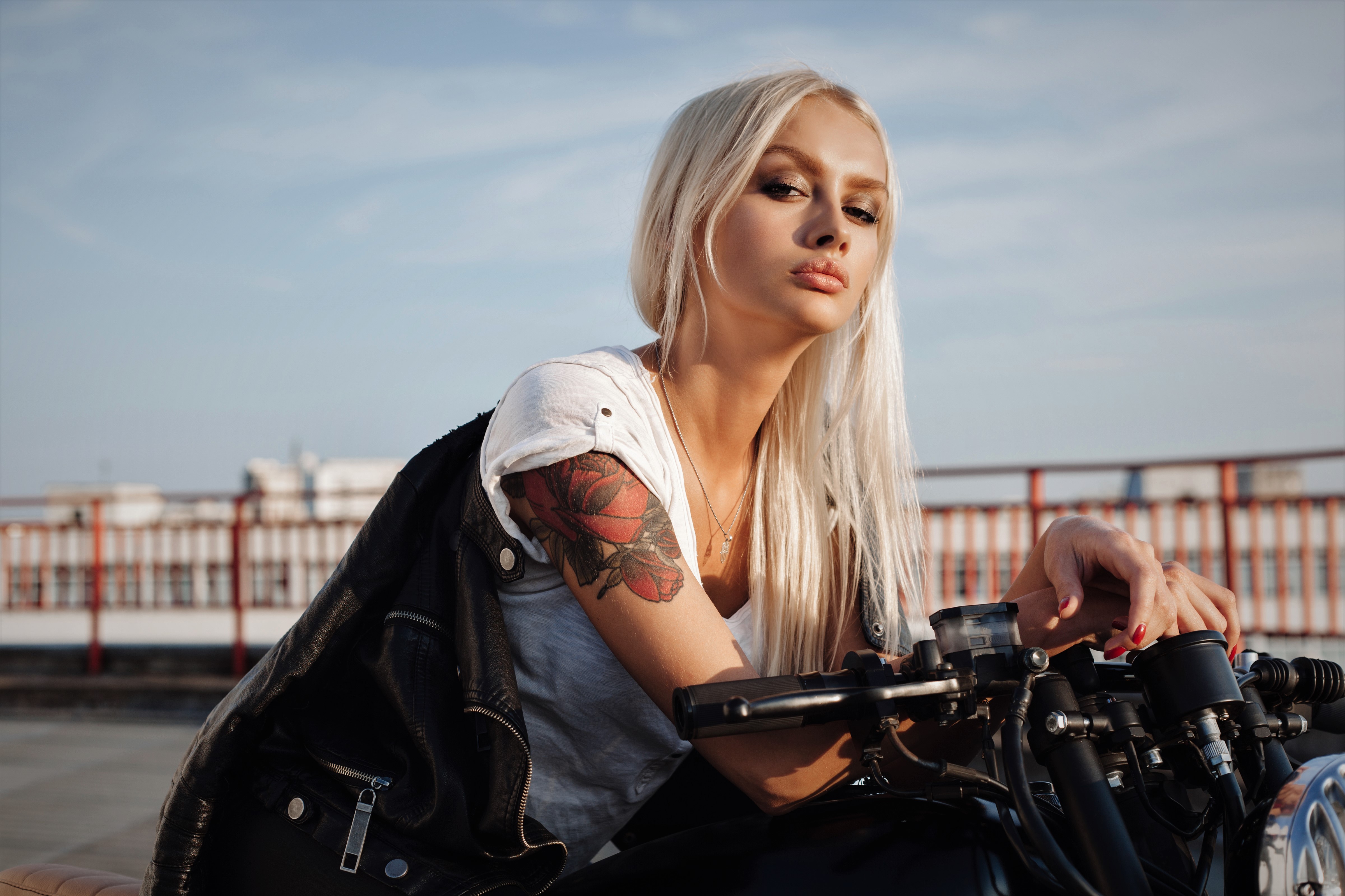 Woman Girl Motorcycle Blonde Long Hair 4800x3200