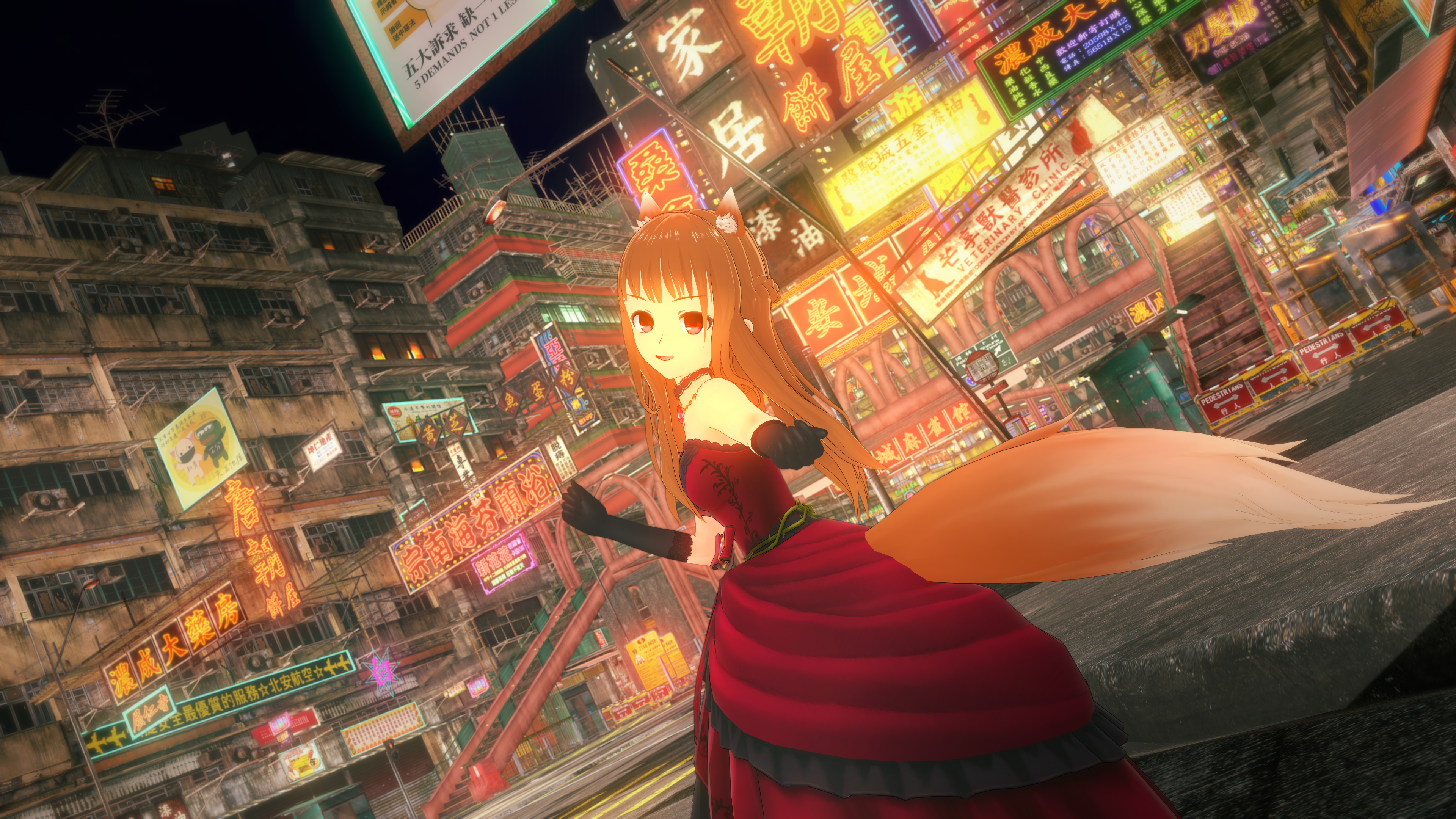 Spice And Wolf Holo Spice And Wolf City Lights Dress Red Eyes Tail 3840x2160