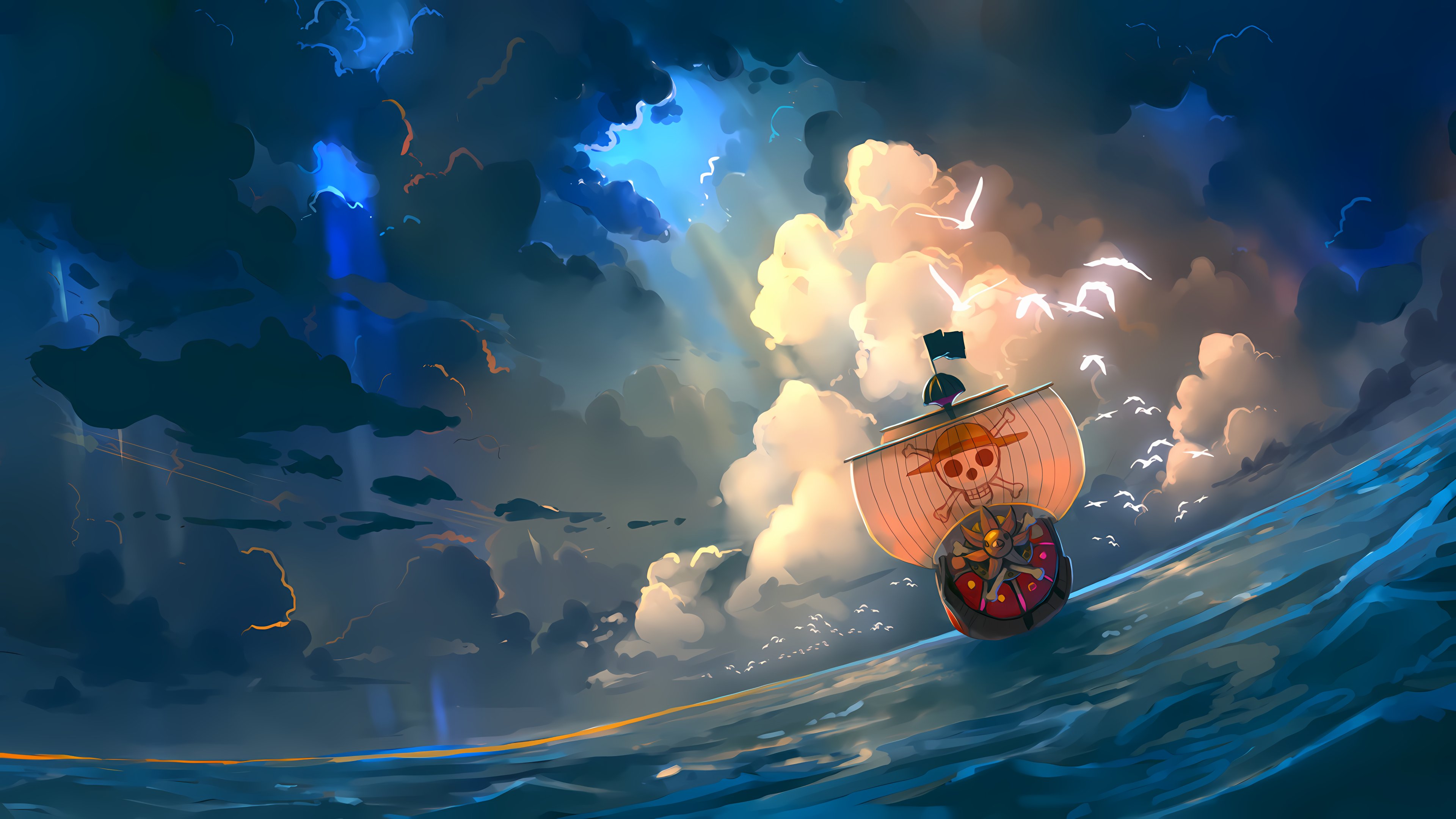 One Piece Pirate Ship Pirate Flag Clouds Sea Seagulls Digital Art Thousand Sunny 3840x2160