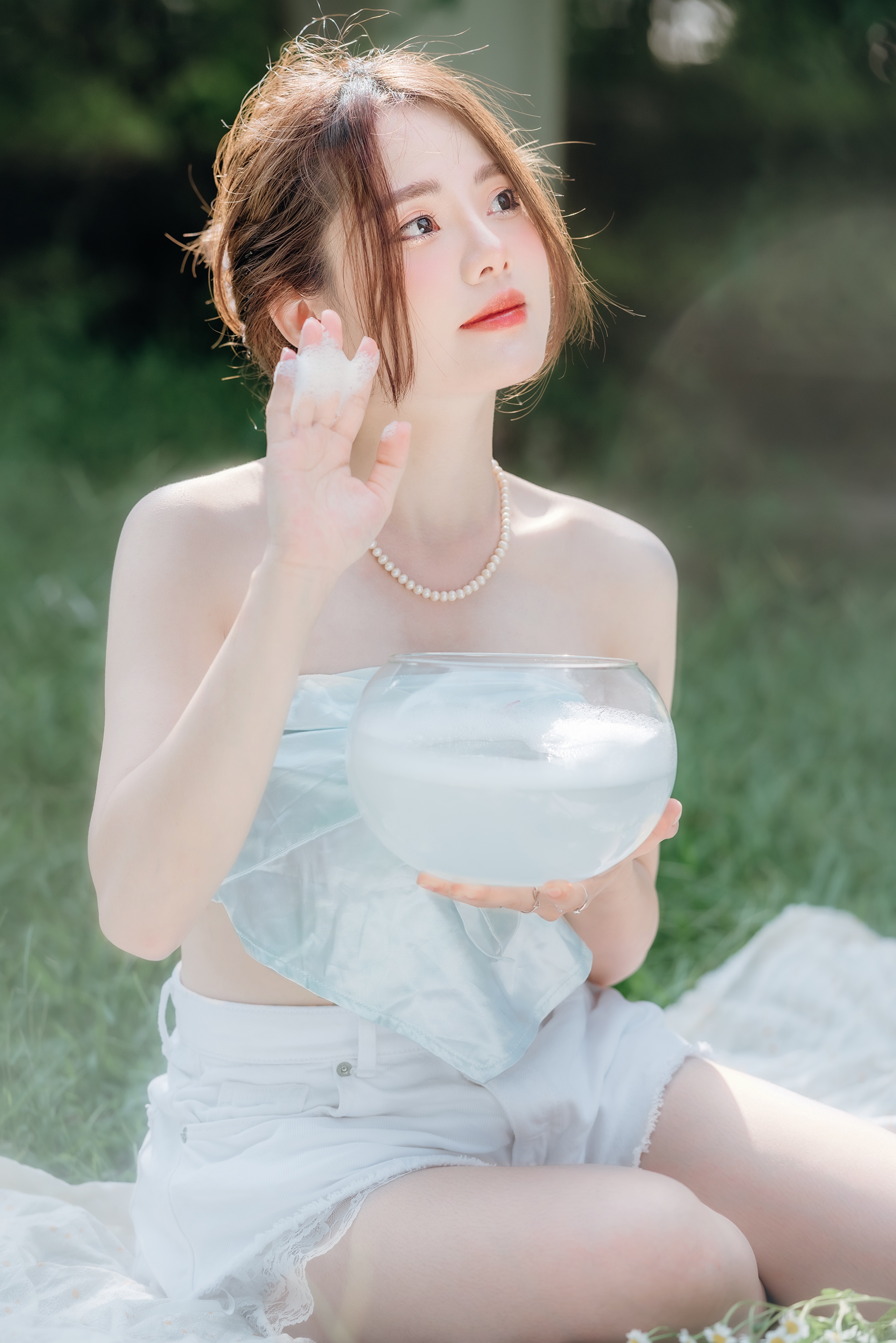 Asian Model Women Long Hair Dark Hair Sitting Grass Shorts Short Tops Hairbun Necklace Bowls Foam Bl 2560x3835