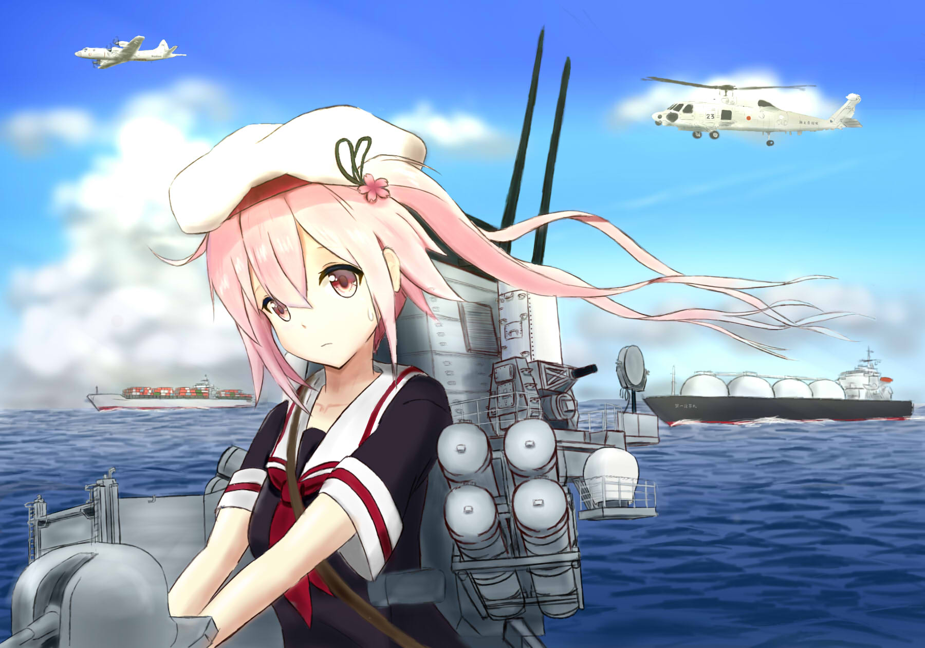 Anime Anime Girls Kantai Collection Harusame KanColle Long Sleeves Pink Hair School Uniform Artwork  1800x1261