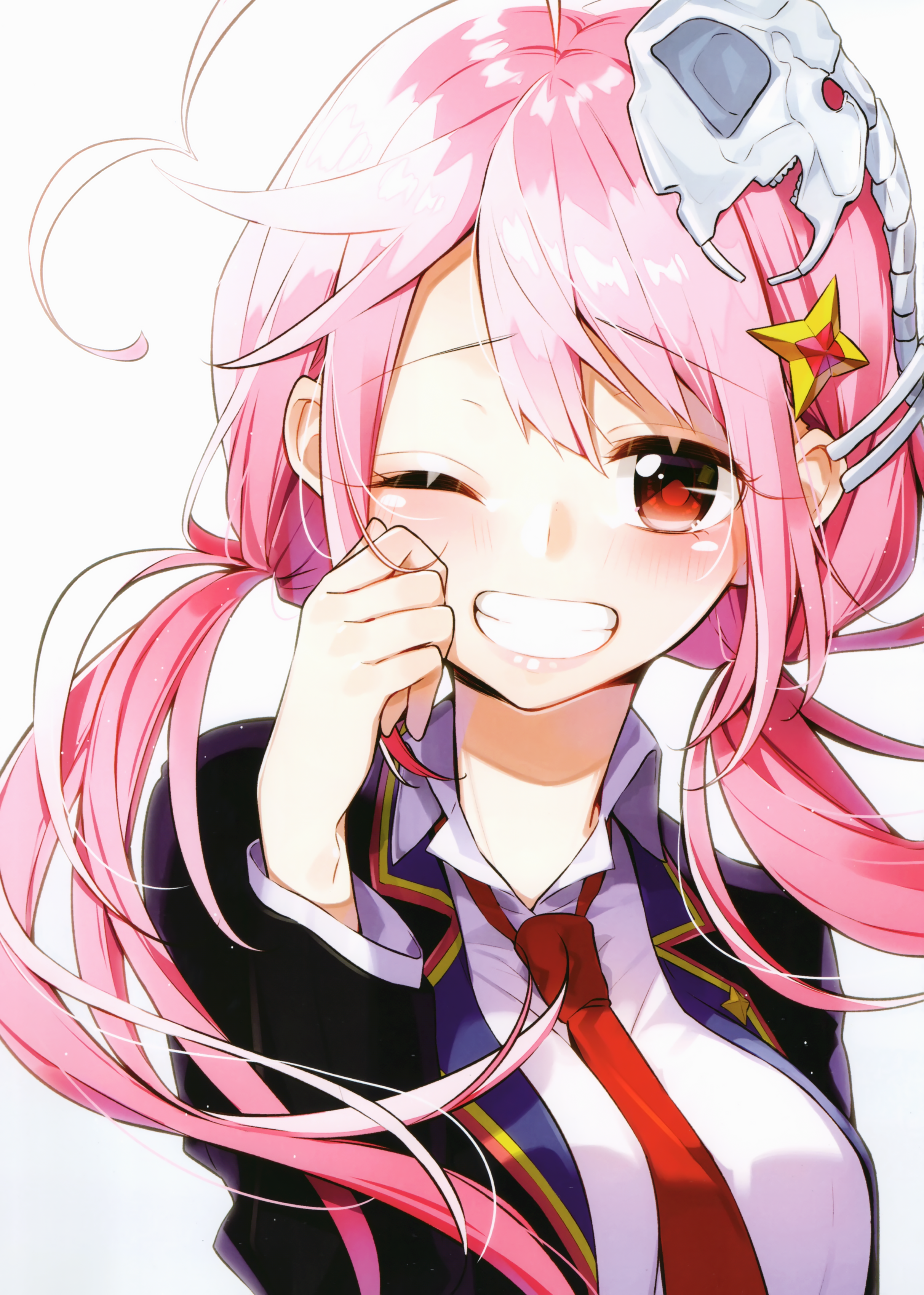 Artwork Illustration Anime Anime Girls Hand On Face Smiling Pink Hair Winking Red Eyes Twintails Loo 2426x3400