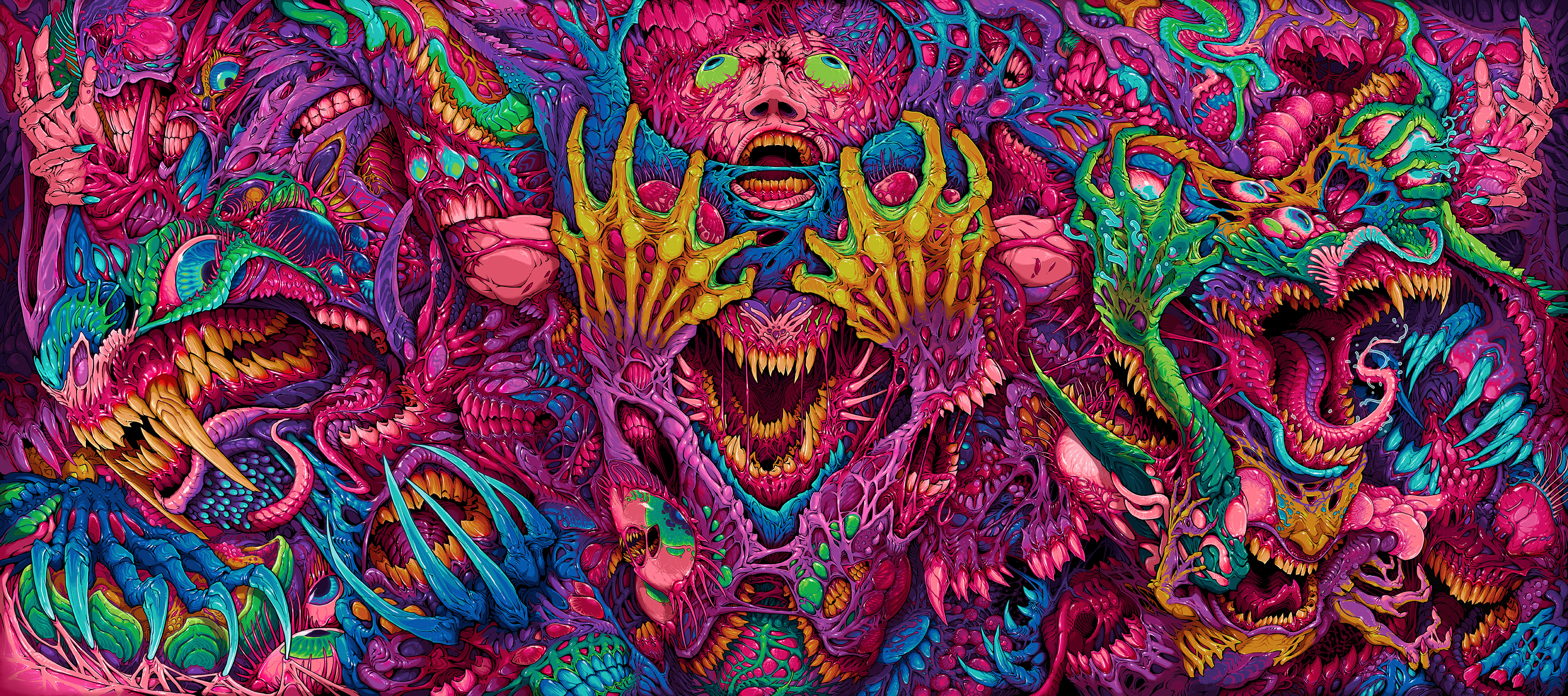 Hyperbeast Triptych Digital Art Creature Colorful Horror 3888x1728