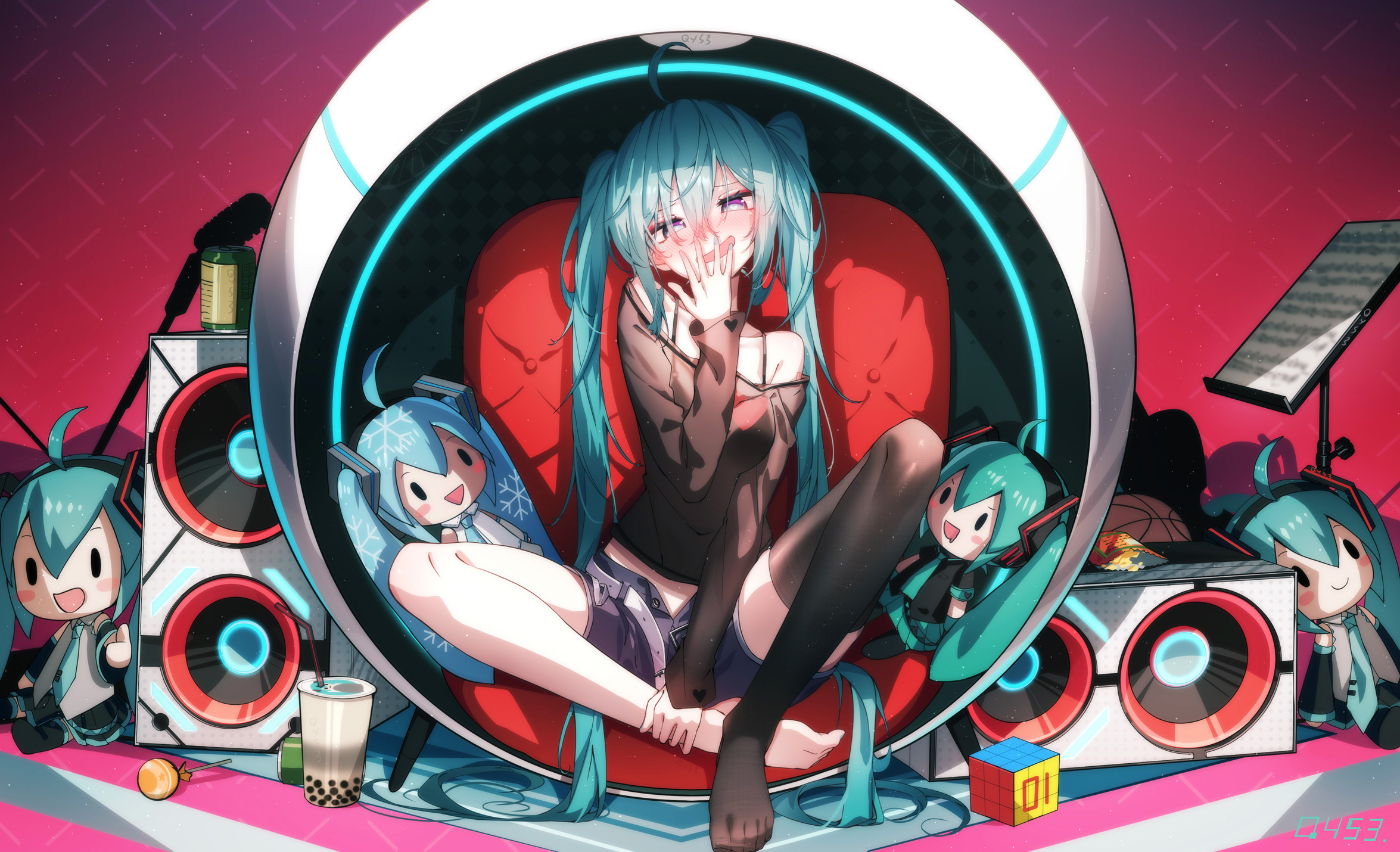 Anime Anime Girls Frontal View Speakers Microphone Couch Cube Unzipped Sitting Twintails Hatsune Mik 2350x1430