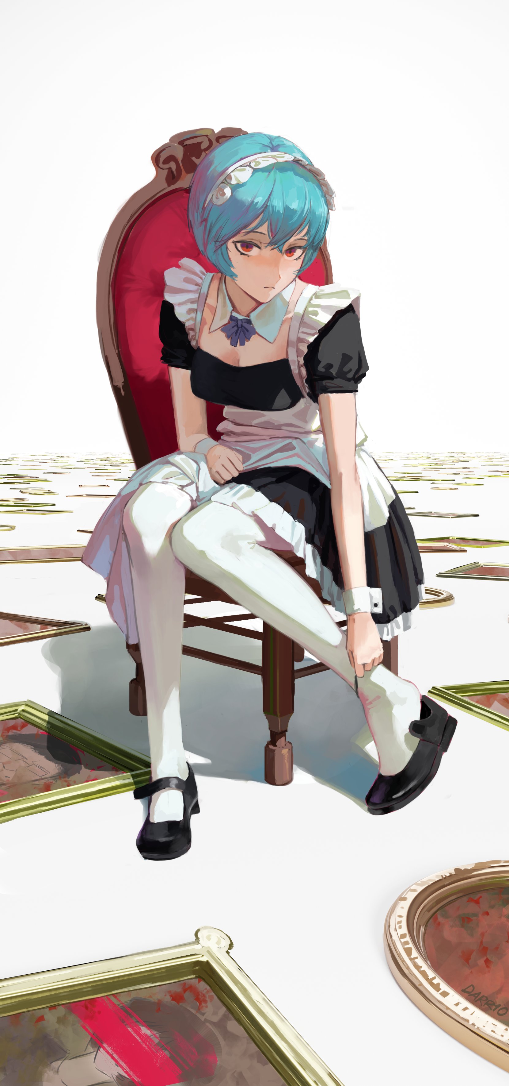 Darrio Maid Ayanami Rei Illustration Looking At Viewer Red Eyes Short Hair Blue Hair Maid Outfit Ani 1661x3540