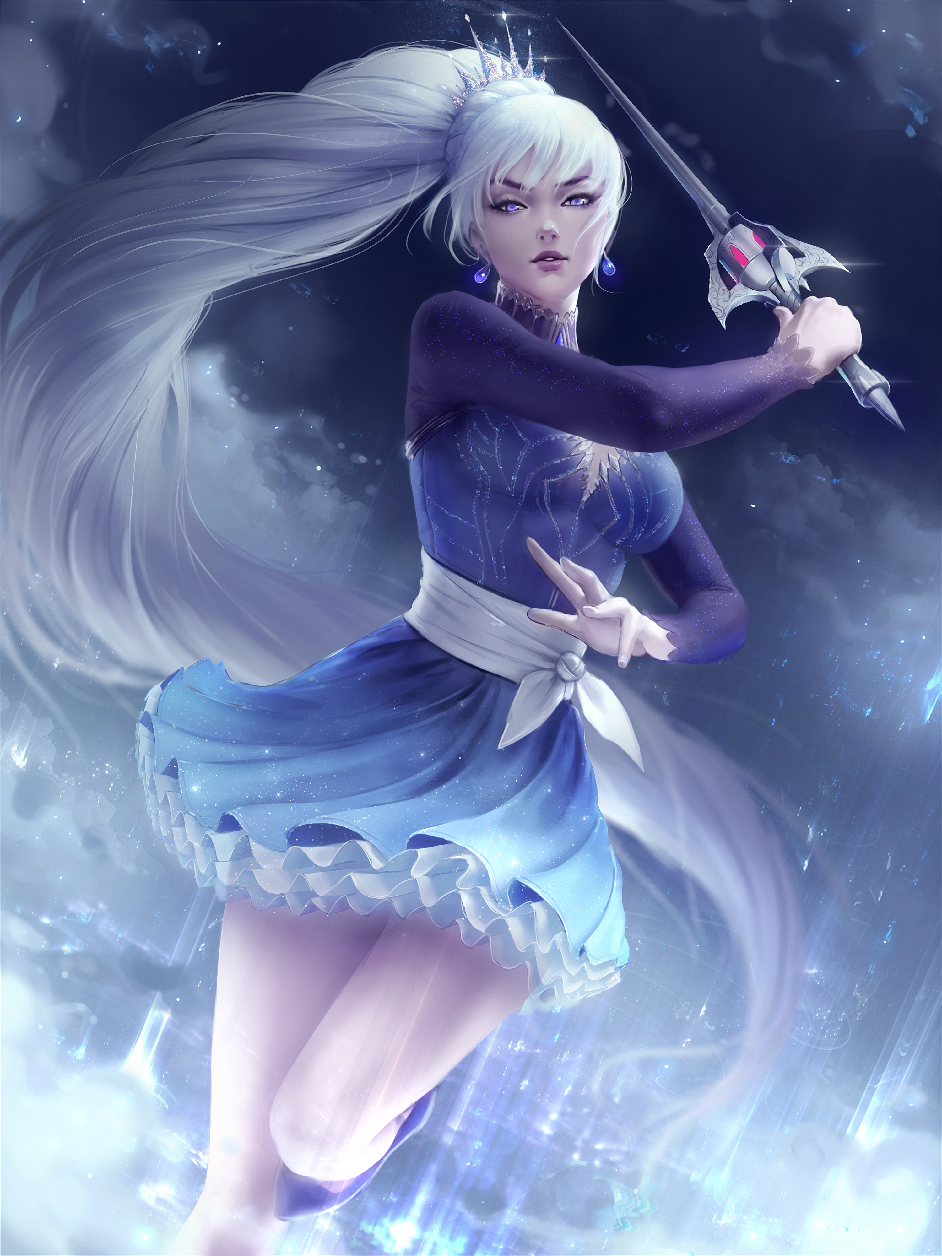 Weiss Schnee RWBY White Hair Long Hair Ponytail Crown Sword Looking At Viewer Bangs Parted Lips Dres 3000x4000