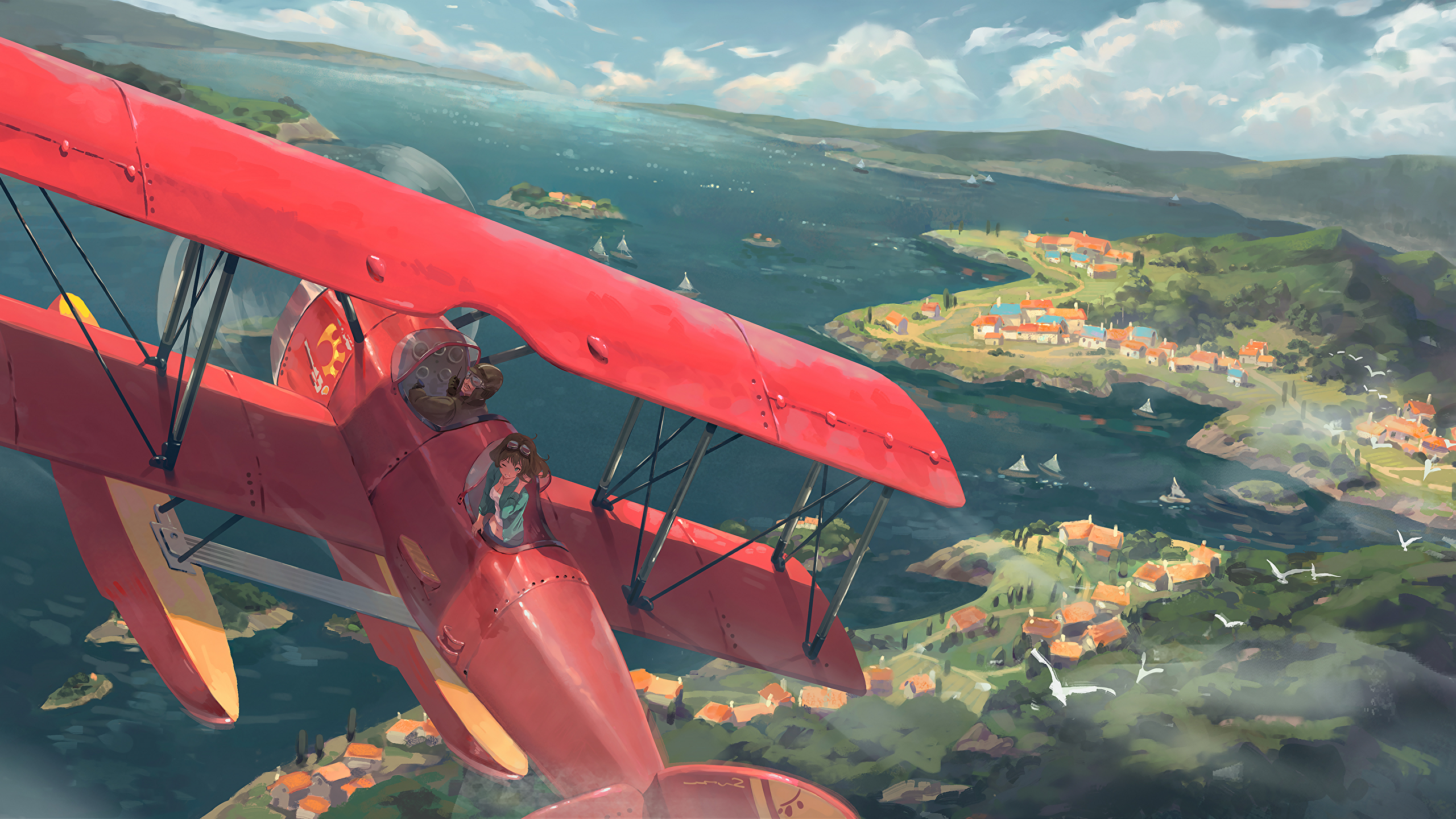 Planes Landscape Lake Birds Digital Art Biplane Floatplane 2560x1440