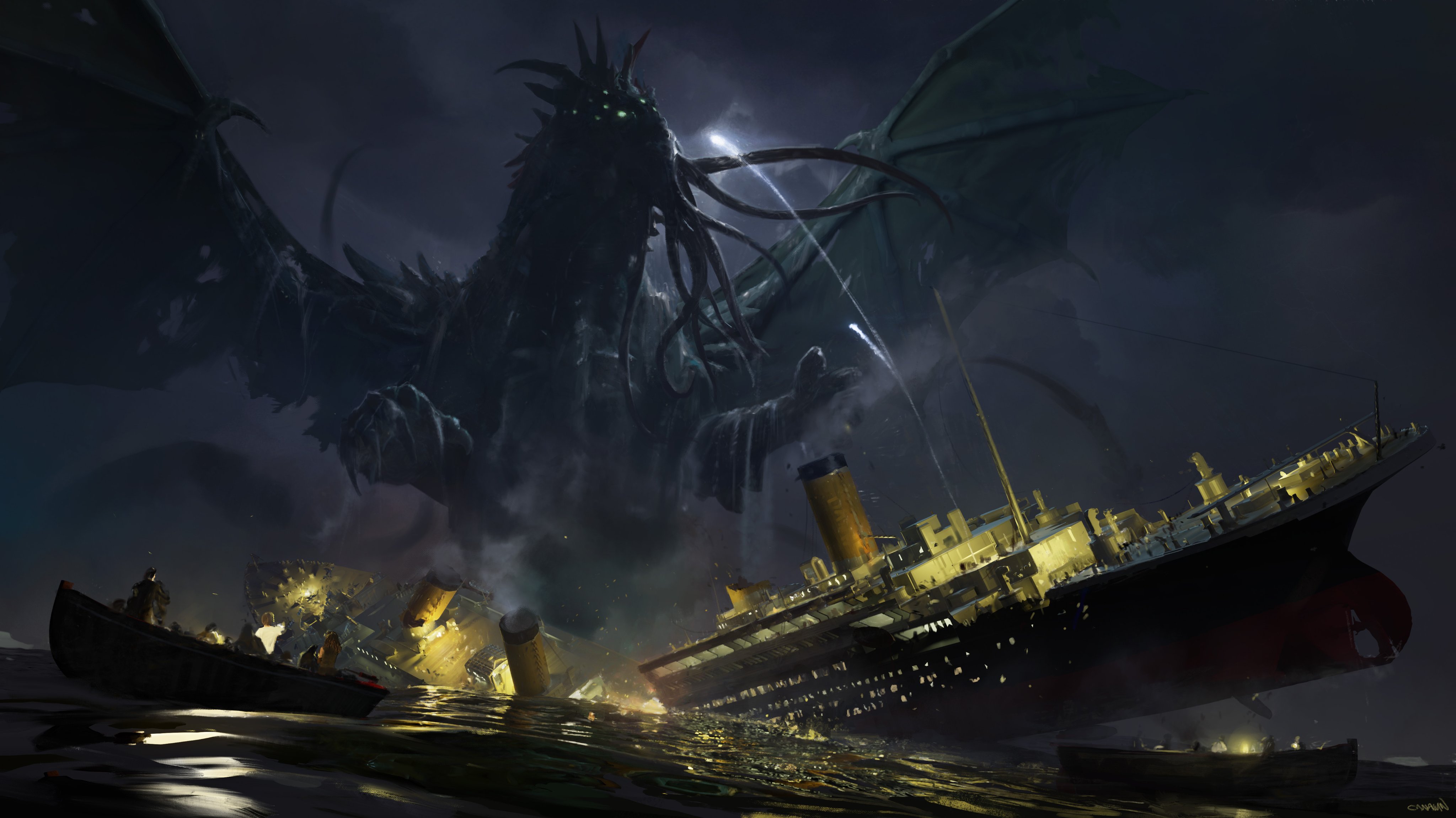 Artwork Fantasy Art Ship Sea Creature Cthulhu Titanic H P Lovecraft 4096x2304
