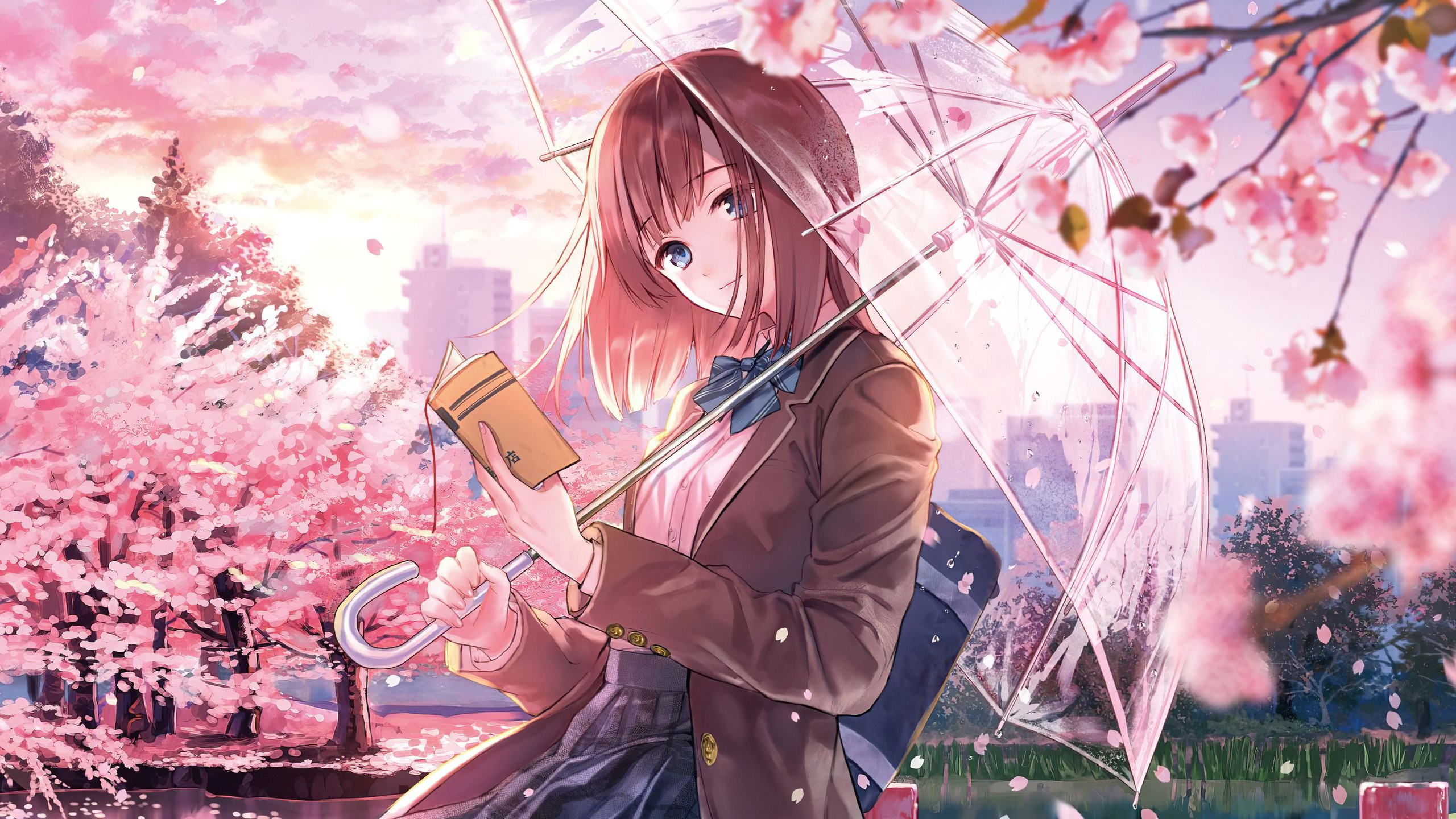 Anime Anime Girls Schoolgirl Umbrella Blue Eyes Book In Hand Sakura Tree Looking At Viewer Brunette  2560x1440