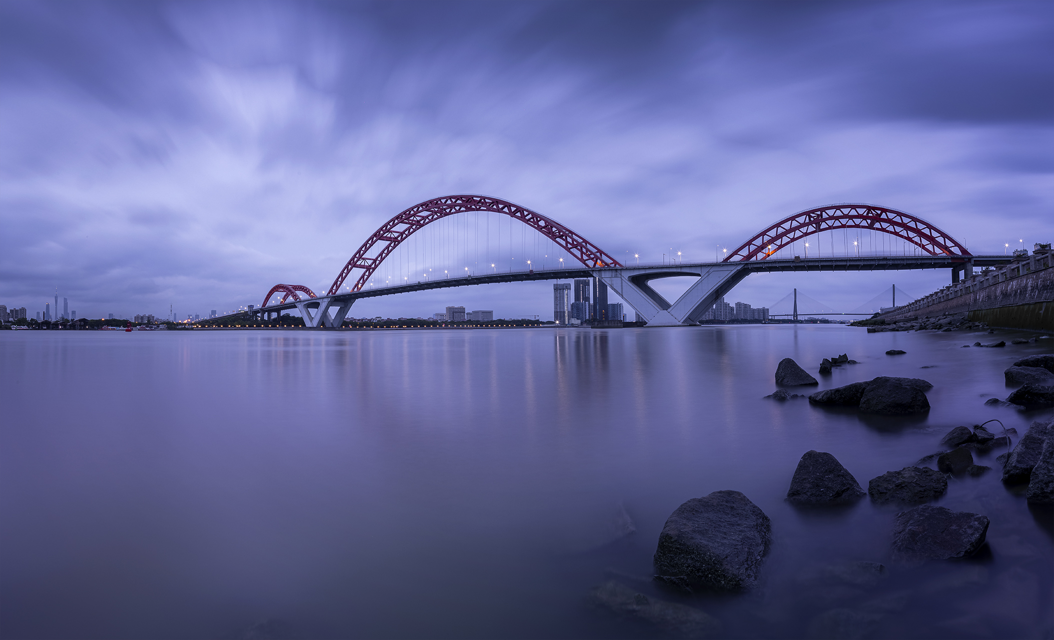 Night Bridge Water Sky Reflection Rocks Outdoors Photography Lights City 2109x1280