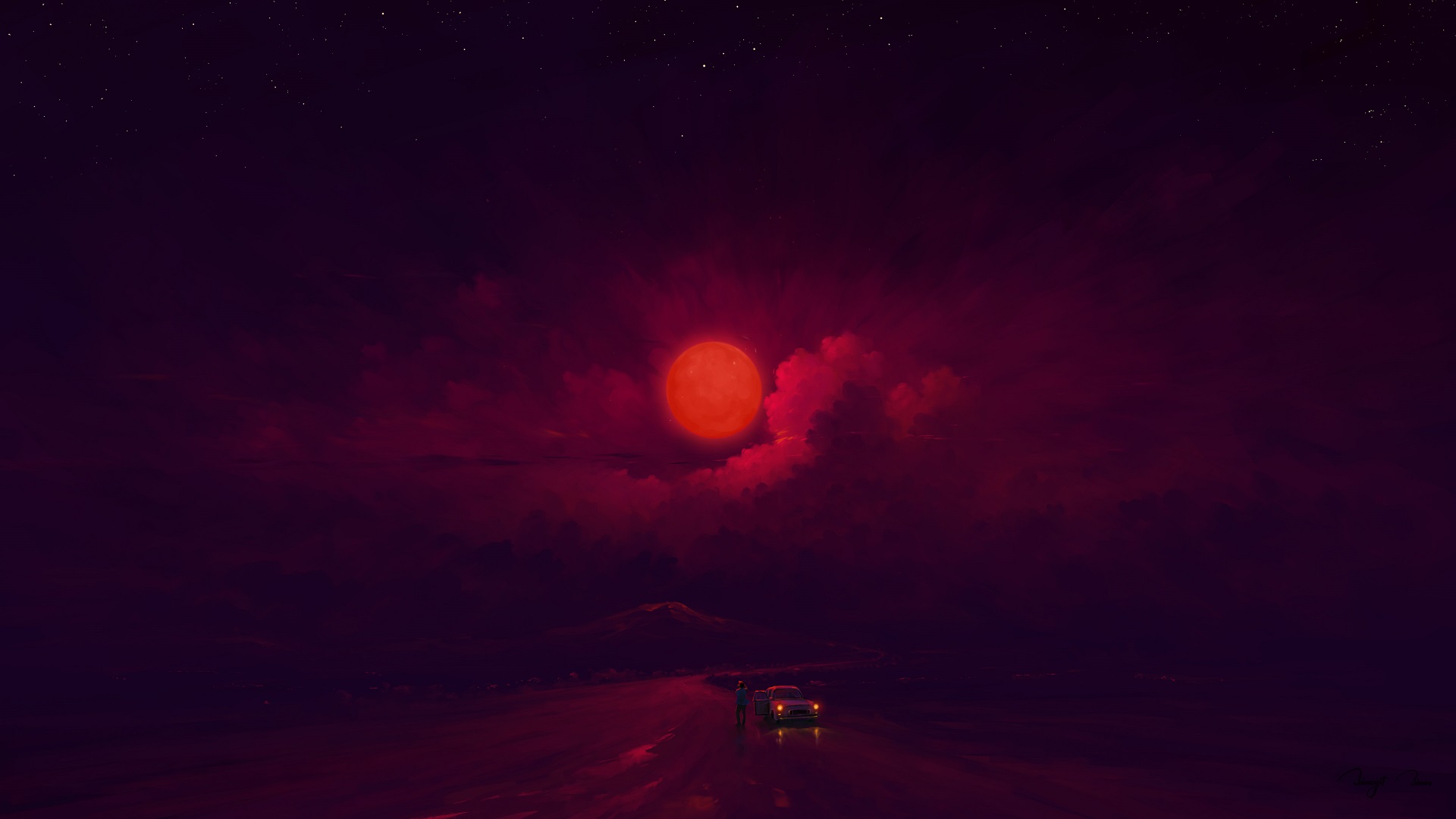 Digital Painting Red Moon Night Sky Clouds Car BisBiswas 1920x1080