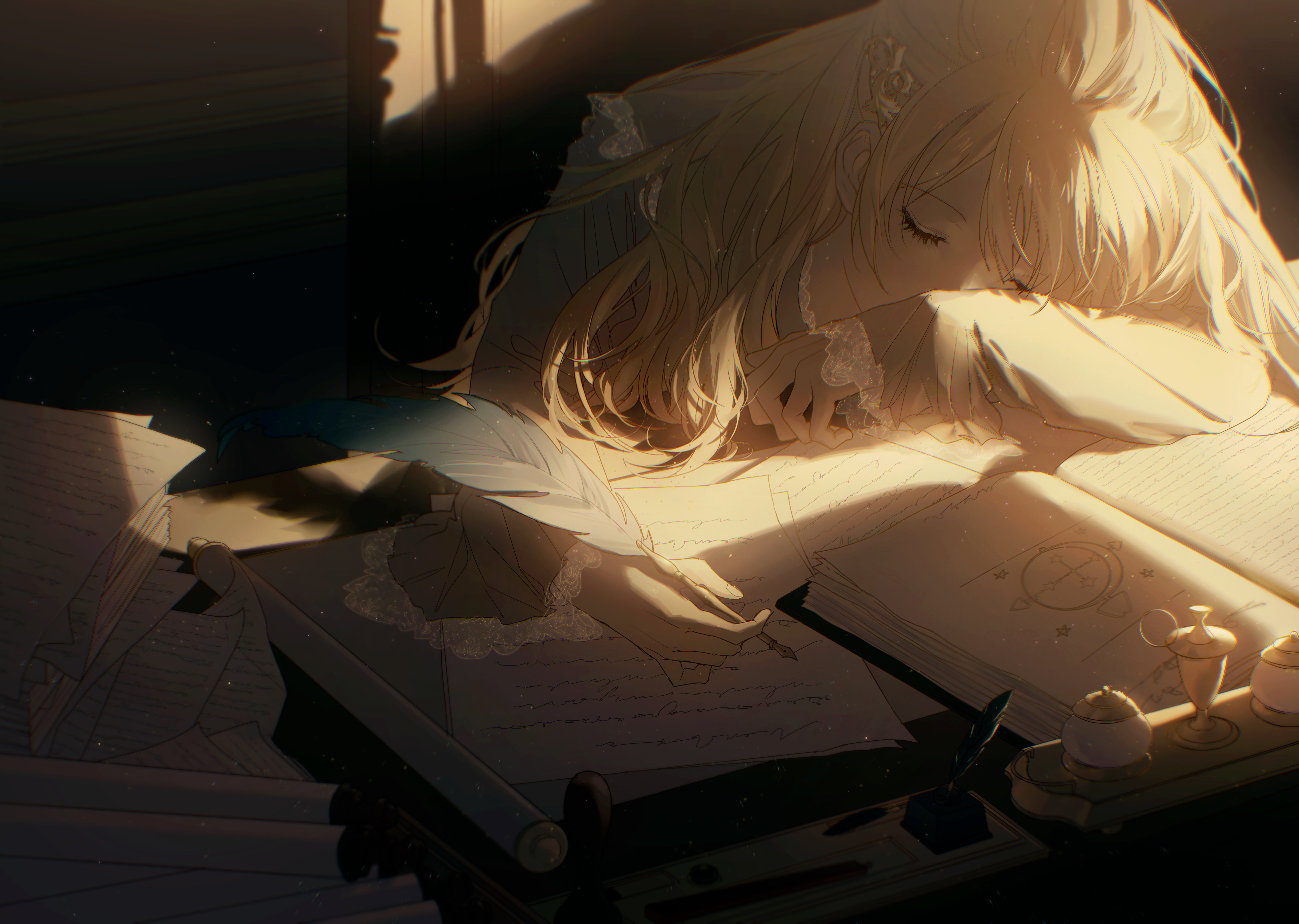 Anime Anime Girls Blonde Long Hair Feathers Closed Eyes Sleeping Books Barrette Writing Table 5031x3578