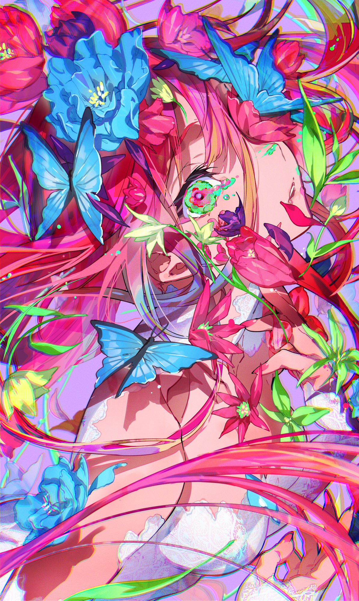 Mika Pikazo Anime Girls Butterfly Colorful Vertical Flowers 1194x2000