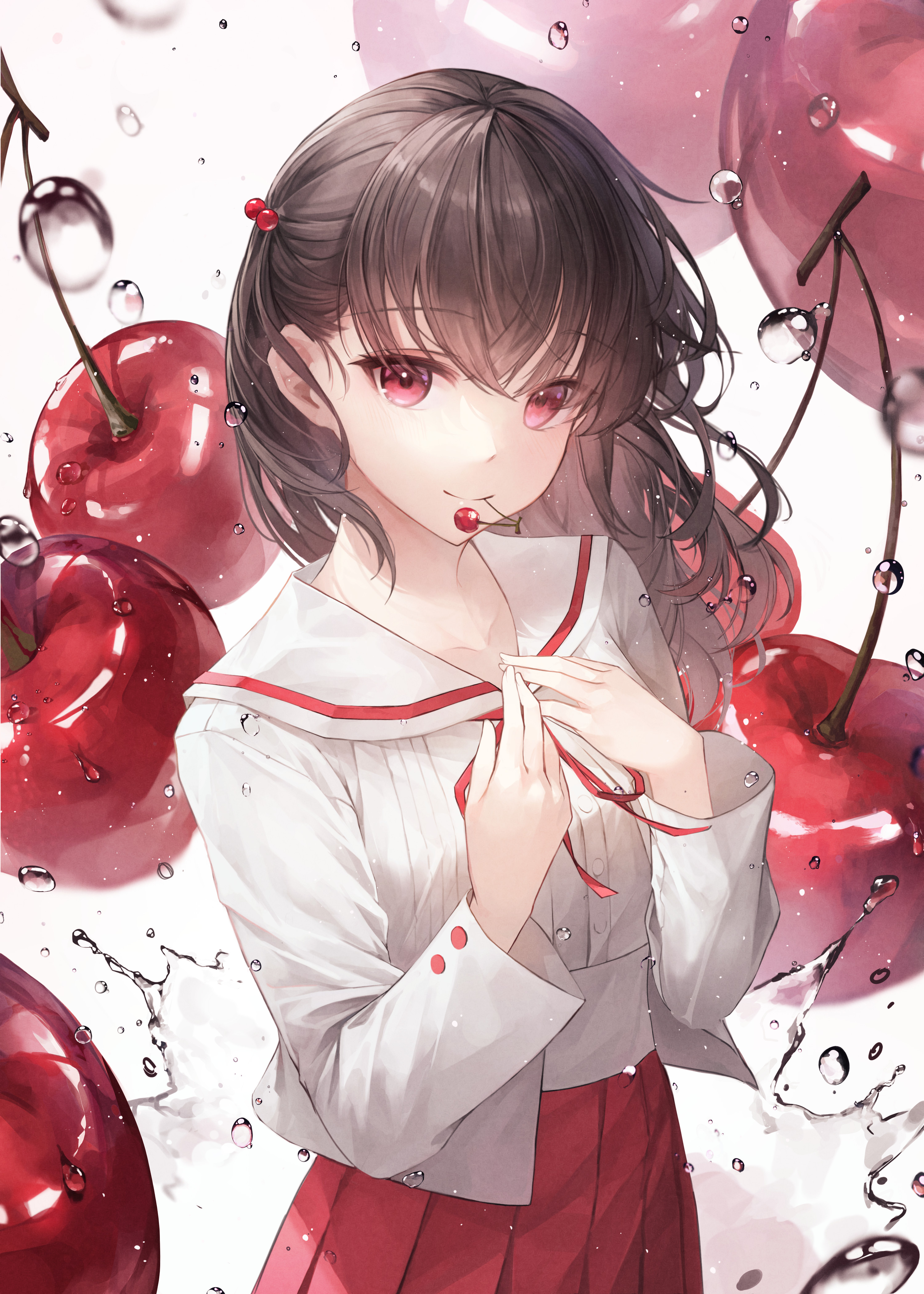 Anime Anime Girls CrystalHerb Artwork Cherries Water Red Eyes 3000x4200
