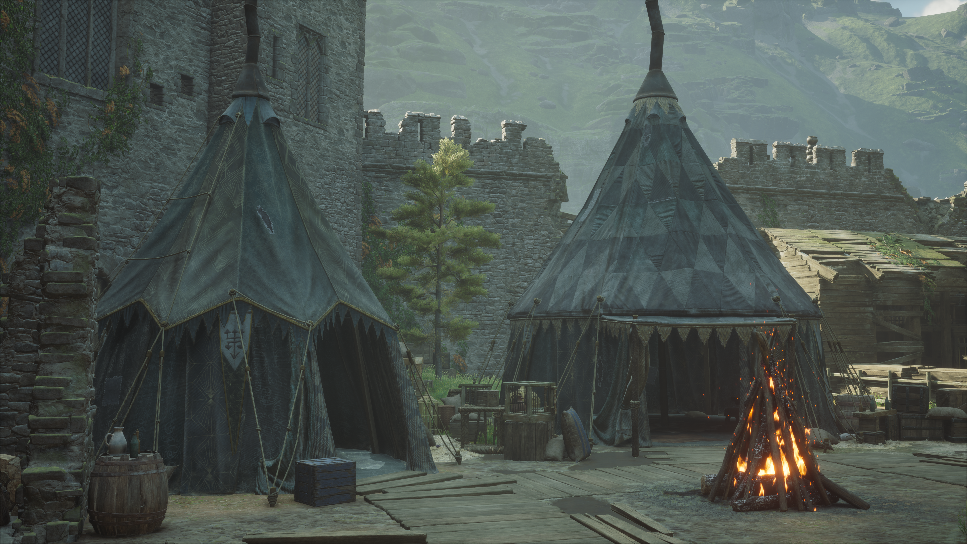 Nvidia RTX Hogwarts Legacy Video Games CGi Video Game Art Tent Fire Trees 3840x2160